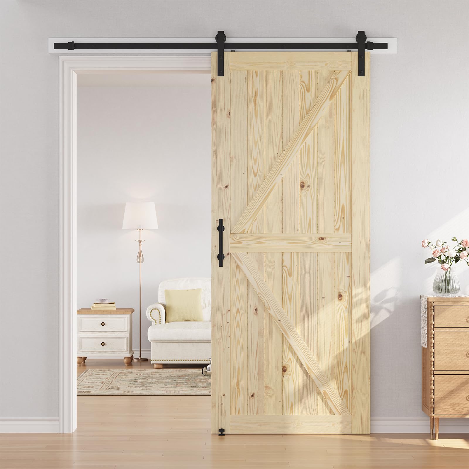 SmartStandard 24in x 80in Sliding Barn Wood Door Pre-Drilled Ready to Assemble, DIY Unfinished Solid Spruce Wood Panelled Slab, Interior Single Door Only, Natural, K-Frame (Fit 4FT Rail)