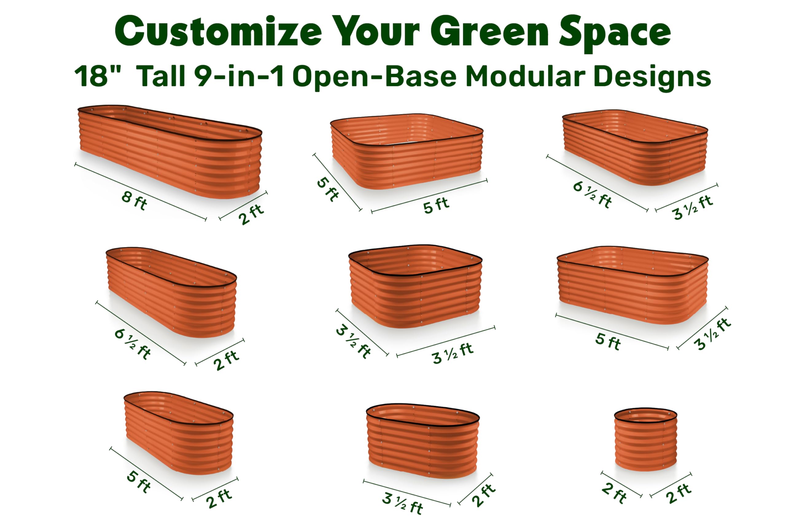 9-in-1 Galvanized Steel Raised Garden Bed // 8×2×1.5 ft Modular Planter for Gardening, Vegetables, Flowers // 18" Tall Metal Raised Garden Beds Outdoor (Dark Green) // Patented Design Planter Box