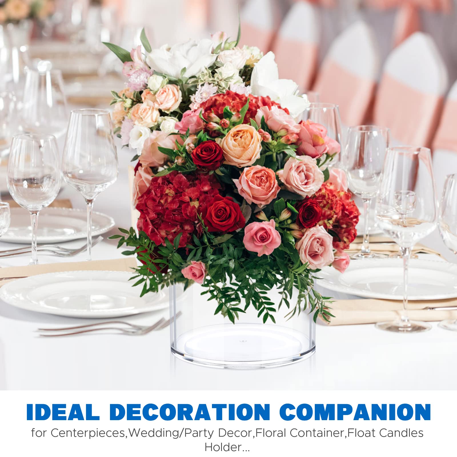 Flower Clear Vase Centerpiece for Home, Wedding Party, Plastic Clear Cylinder Wide for Flowers, Decorative Wide Mouth Vase for Decor (6'' W*8'' H)
