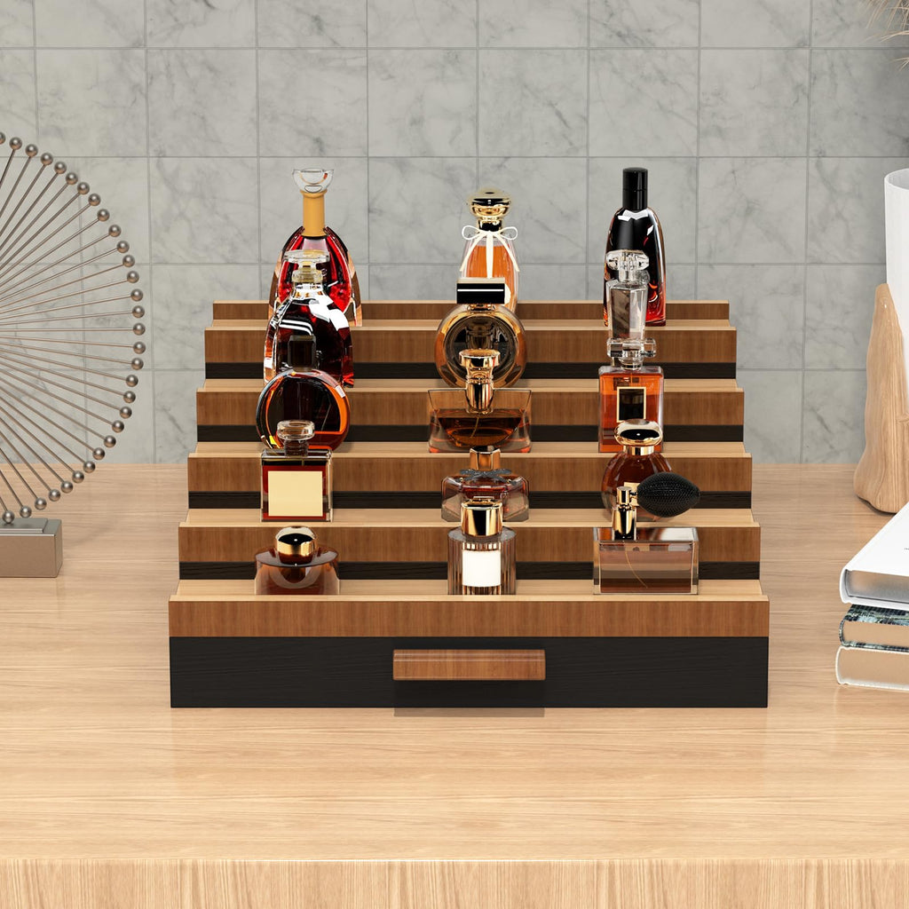 Wooden Cologne Organizer for Men 4 Tier of Perfume Display Holder of Drawer & 2 Hidden Compartments Larger Storage Space Mens Perfume Organizer Shelf Stand,Gift for Man (4T-Black Walnut)