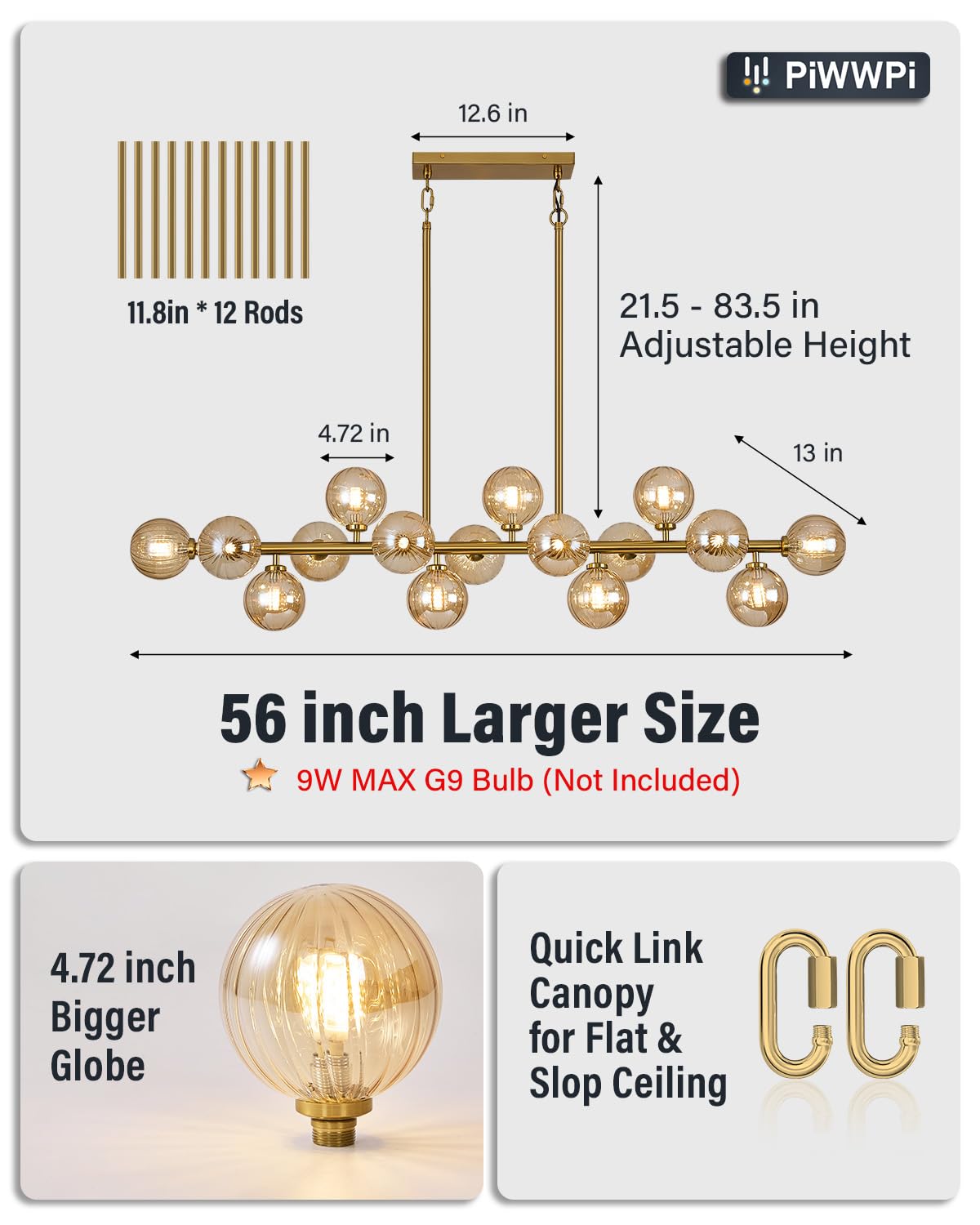 Modern Linear Chandeliers for Dining Room, 8-Light Globe Sputnik Pendant Ceiling Light, Black Dining Room Light Fixture Over Table, Mid Century Glass Milk White Bubble, 31.5 Inch, GC-09