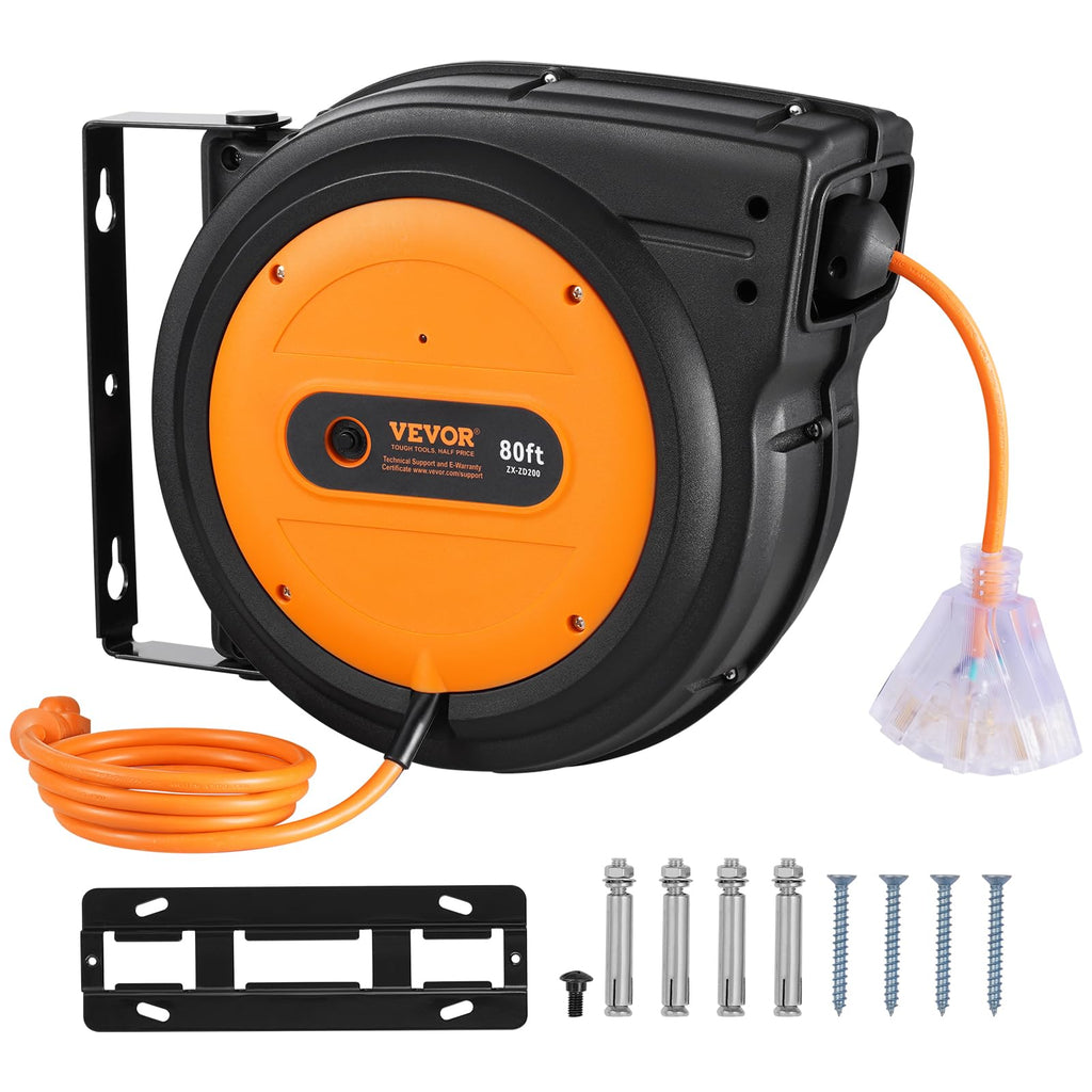 VEVOR Retractable Extension Cord Reel, 30 FT, Heavy Duty 16AWG/3C SJTOW Retractable Power Cord Reel with Lighted Triple Tap Outlet 10 Amp Circuit Breaker 4.5FT Lead-in Cord, for Ceiling or Wall Mount