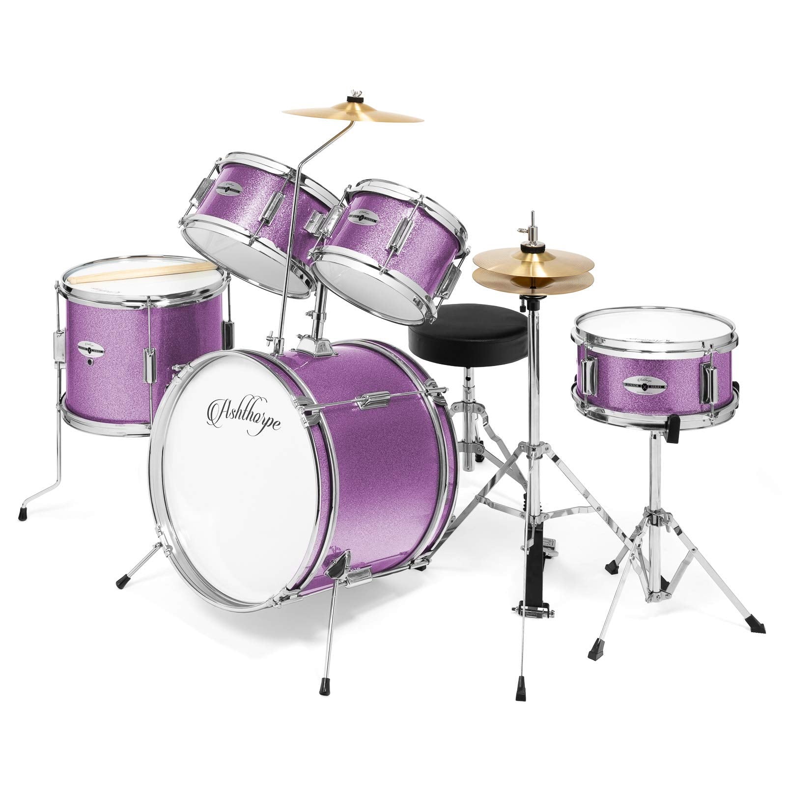 Ashthorpe 5-Piece Complete Kids Drum Set with Genuine Brass Cymbals - Junior Beginner Kit with 16" Bass, Throne, Hi-Hats, Pedals & Drumsticks - Black