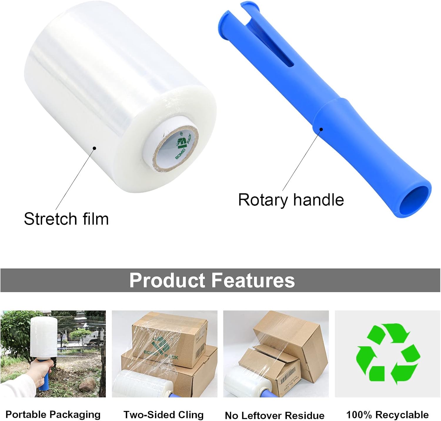 BOMEI PACK Mini Clear Industrial Stretch Wrap Film 5" x 1000ft 4 Pack with Handle, 80 Gauge Thick Cling Plastic Wrap for Moving, Pallet Wrap - Self Adhering Packaging Heavy Duty Shrink Film
