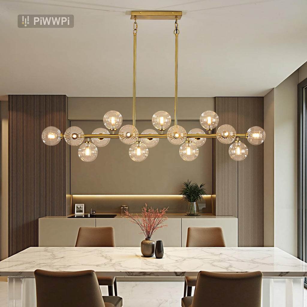 Modern Linear Chandeliers for Dining Room, 8-Light Globe Sputnik Pendant Ceiling Light, Black Dining Room Light Fixture Over Table, Mid Century Glass Milk White Bubble, 31.5 Inch, GC-09