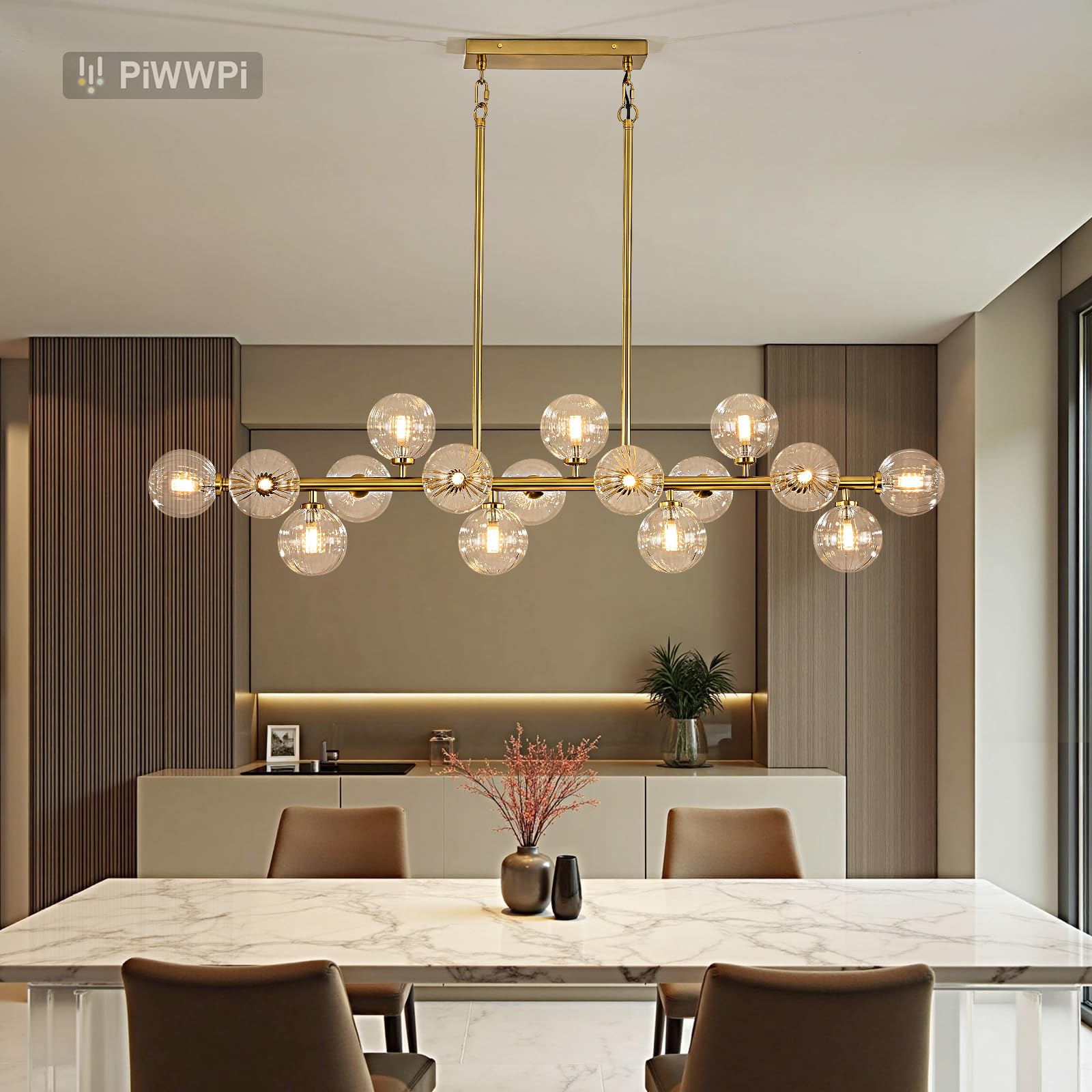 Modern Linear Chandeliers for Dining Room, 8-Light Globe Sputnik Pendant Ceiling Light, Black Dining Room Light Fixture Over Table, Mid Century Glass Milk White Bubble, 31.5 Inch, GC-09