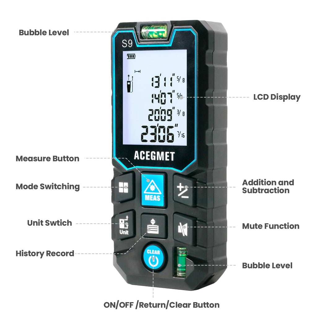 ACEGMET Laser Measure, 229ft/70m Laser Measurement Tool, S9 Room Laser Measuring Tool with 2 Bubble Levels, LCD Backlit Display, IP54 Waterproof, Pythagorean Mode for Distance, Area, Volume
