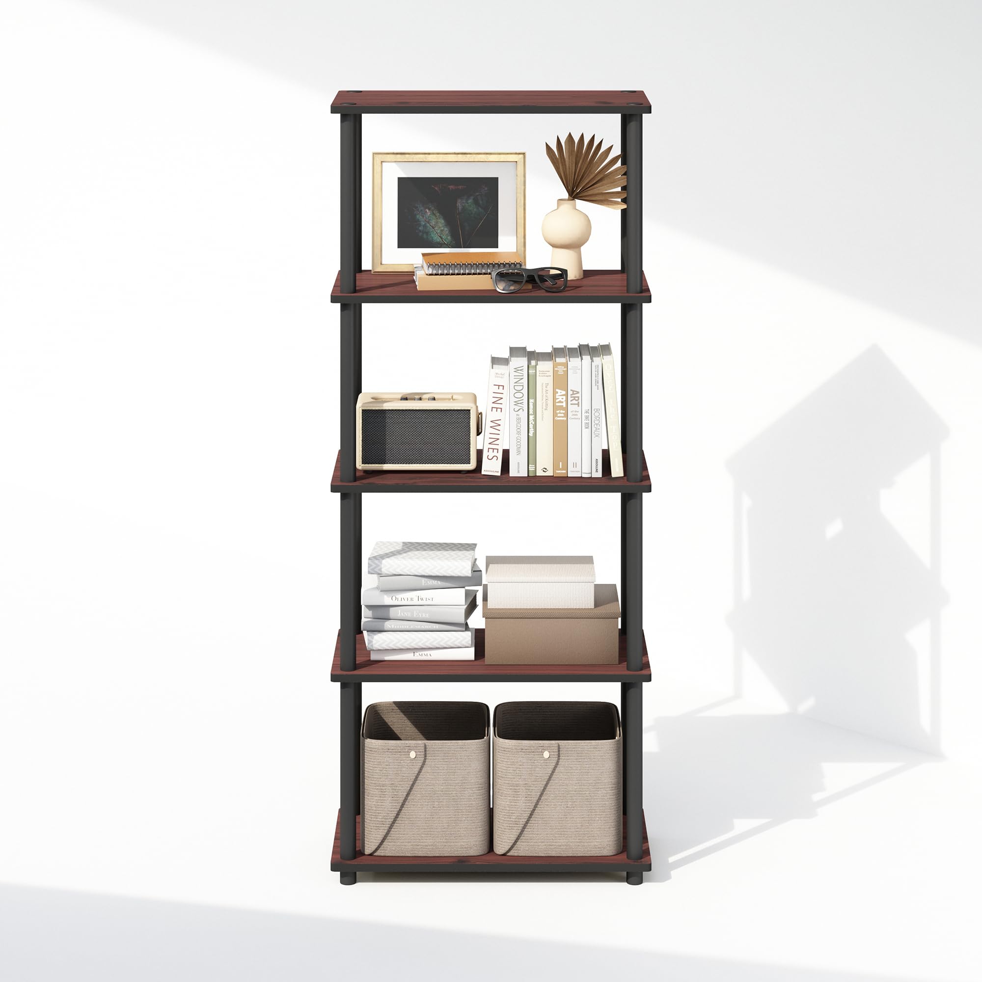 Furinno Turn-N-Tube Book Shelf, 4-Tier Bookshelf, Bookcase with Multipurpose Compact Display Rack, 11.6 x 23.6 x 43.2, for Living Room, Bedroom, Home Office, Americano/Black