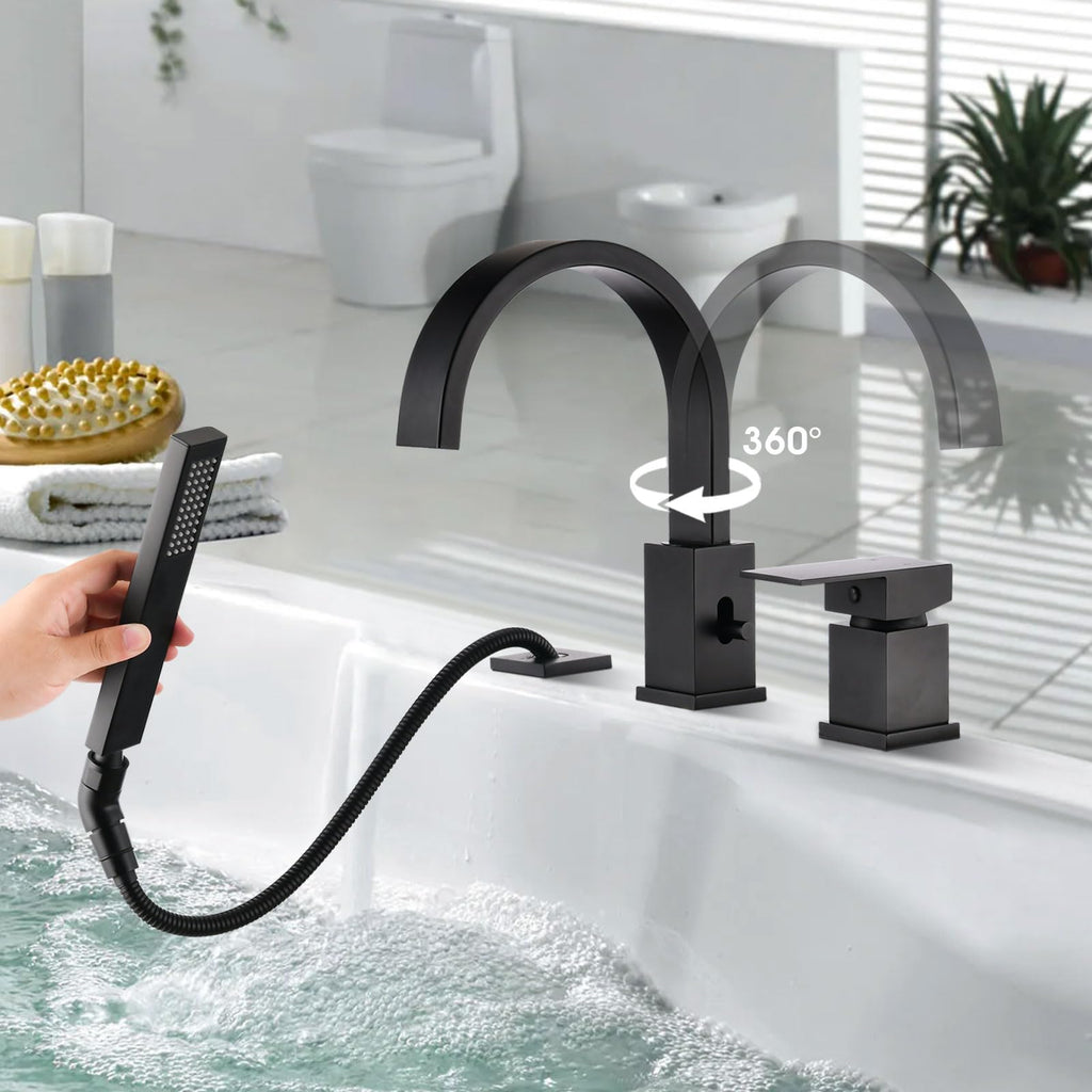 Brass Roman Tub Faucet with Sprayer, Deck Mount Bathtub Faucet with Hand Shower, 3 Hole Waterfall Faucet with 360 Spout, Single Handle Tub Filler with 8 GPM High Flow, Brushed Gold