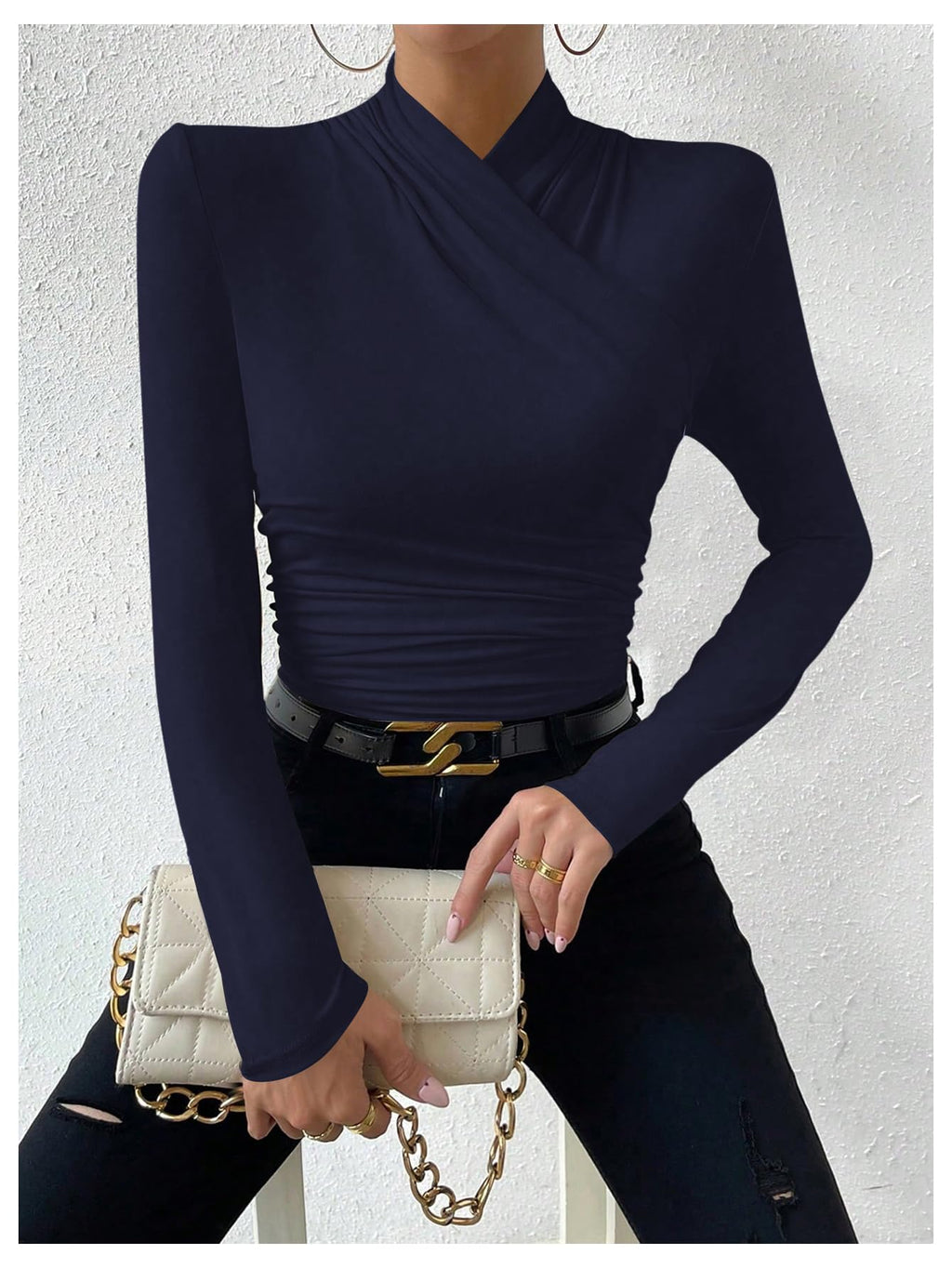 SweatyRocks Women's Ruched Mock Neck Long Sleeve T Shirt Solid Slim Fitted Tee Tops