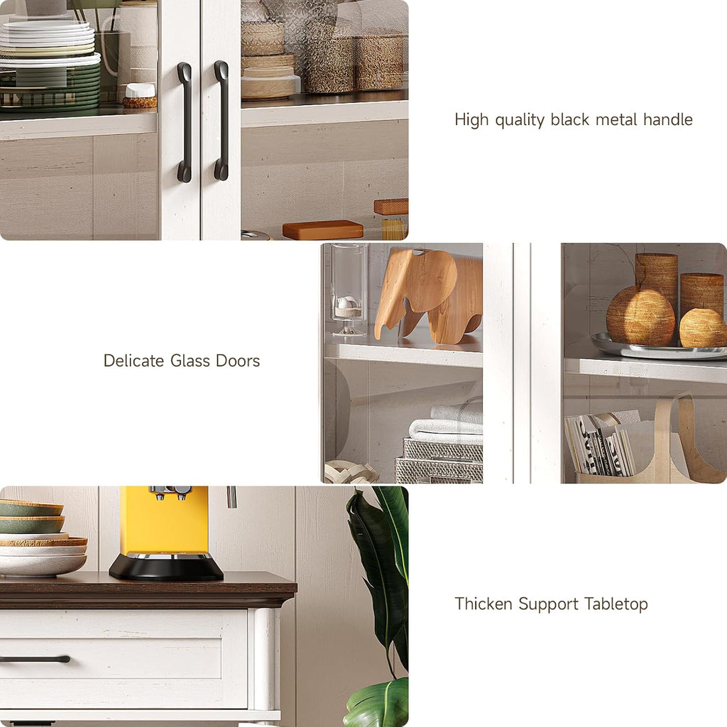 ONBRILL Buffet Cabinet with Storage, 60" Sideboard Cabinet with 4 Glass Doors and 2 Drawers, Modern Storage Console with Adjustable Shelves for Kitchen, Living Room, Off White