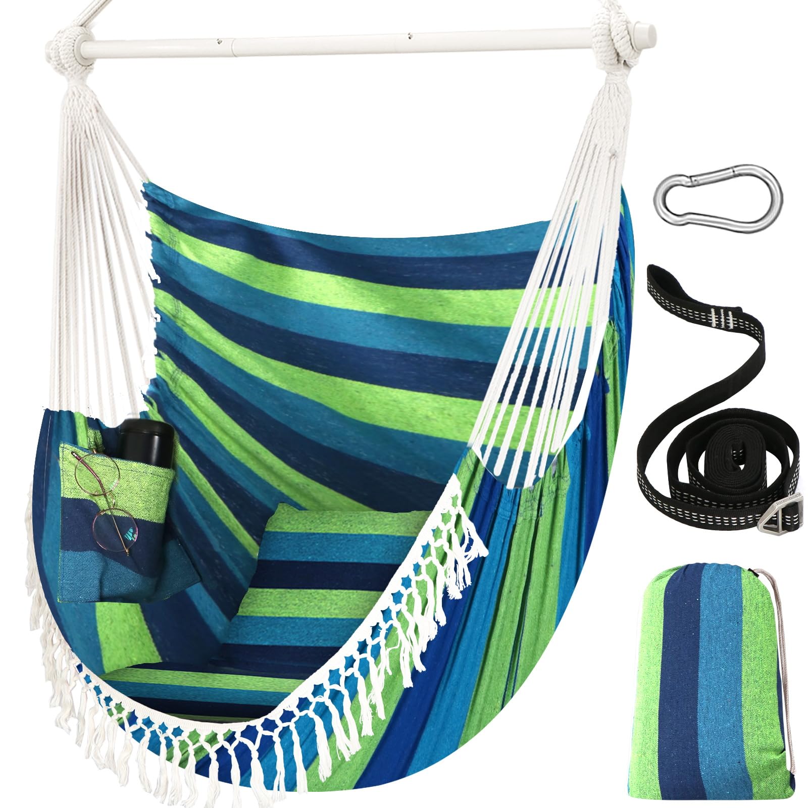 Chihee Hammock Chair Hanging Swing Max 500 Lbs 2 Cushions Included Metal Spreader Bar with Anti-Slip Grooves Portable Hanging Chair Side Pocket Large Macrame Bohemian Chair Indoor Outdoor | Hanging Swing with Anti-Slip Grooves Portable Hanging Chair Side