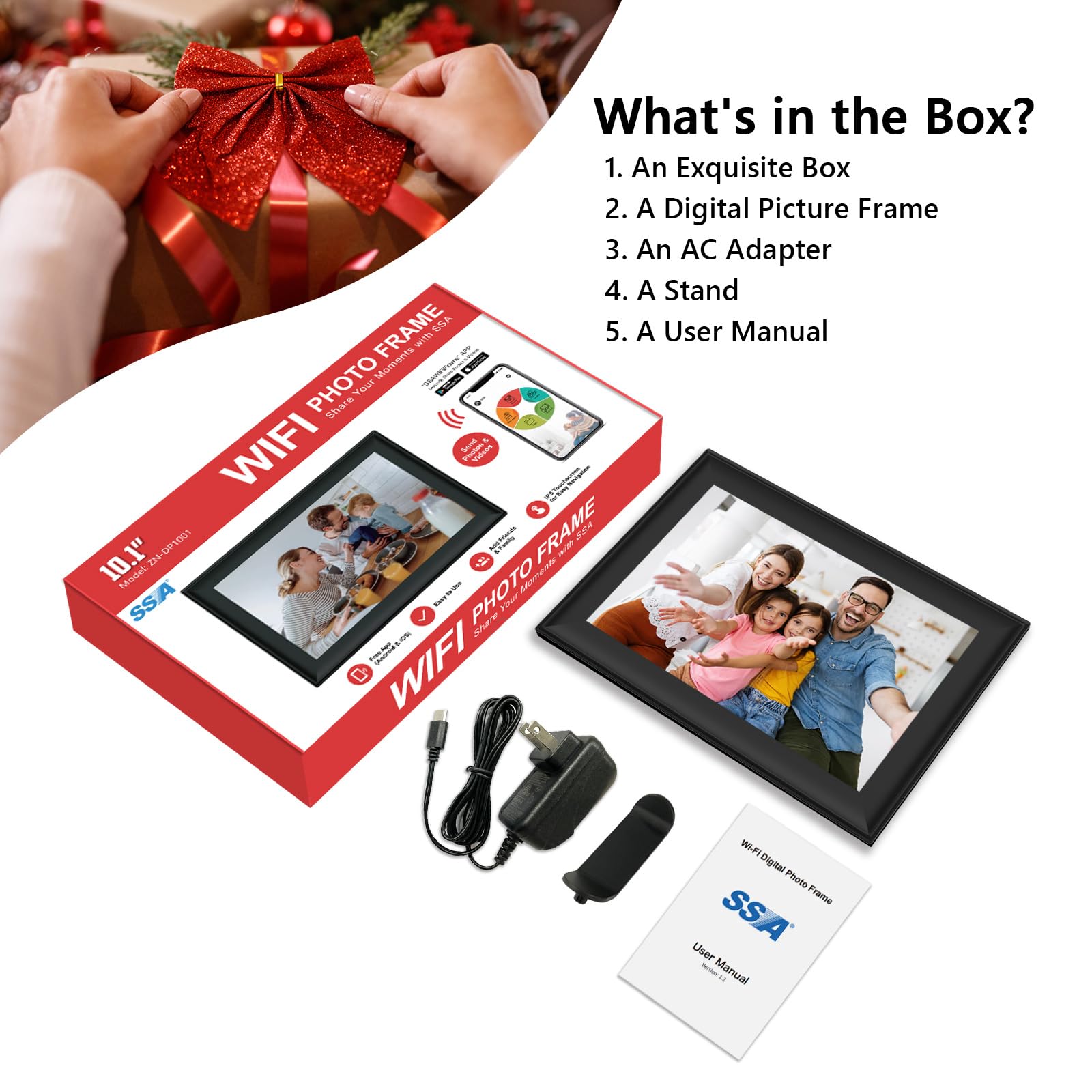 SSAWiFiFRAME Digital Picture Frame 10.1 inch WiFi Smart Photo Frame,1280 * 800 IPS Touchscreen Auto-Rotate, Built in 32GB Memory, 50 Photos /200MB Video Sharing via Free APP，Gift for Women/Mom
