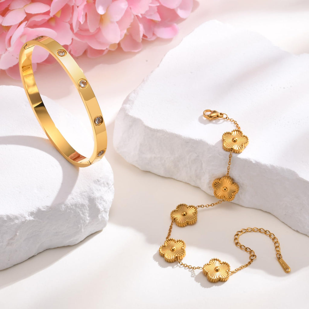 MPRAINBOW Womens Stackable Gold Bracelets Jewelry, 18K Gold Plated Floral Bangles Non Tarnish, Gold Cubic Zirconia Chain Set Trendy Gift,Christmas Valentines Birthday Gifts for Girlfriend