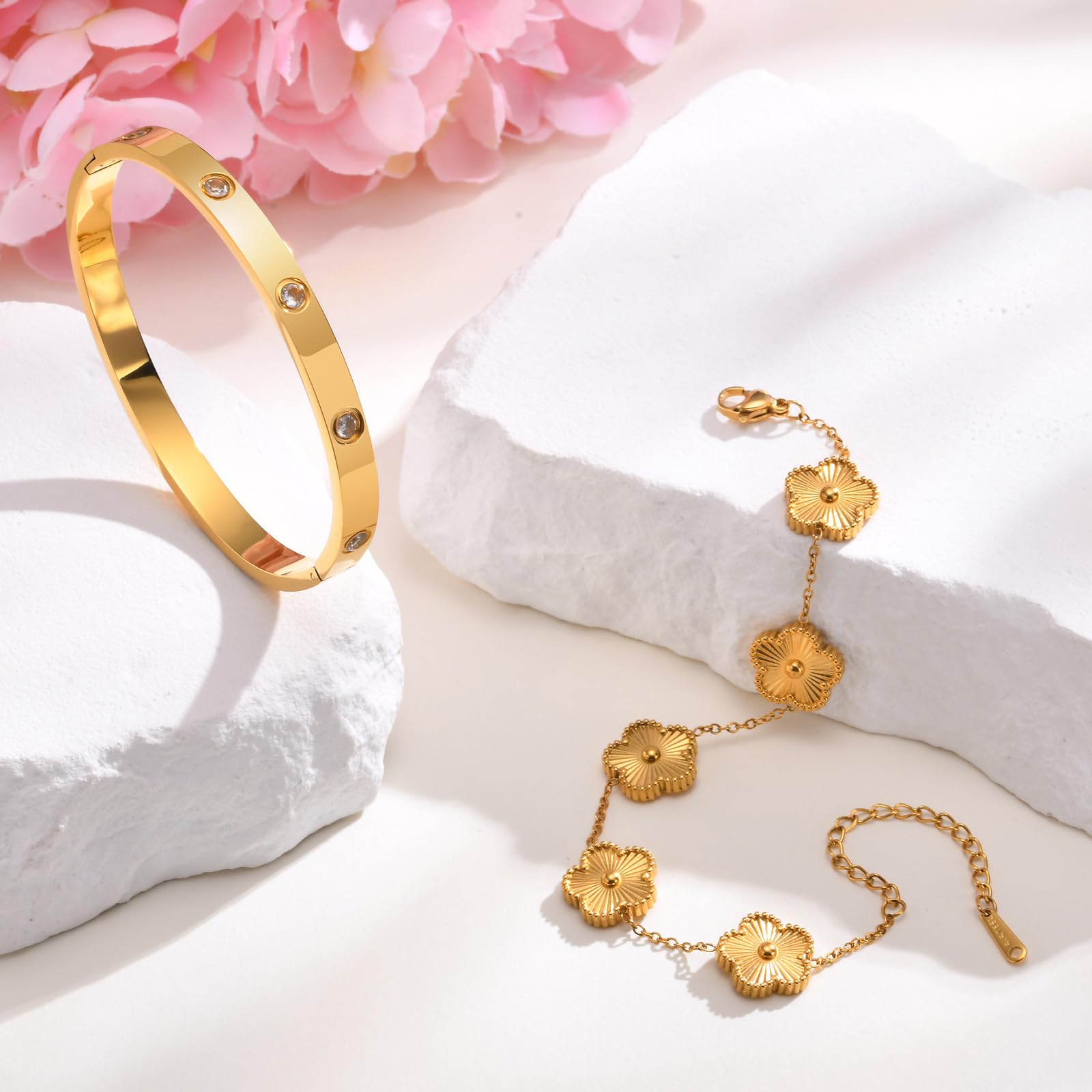 MPRAINBOW Womens Stackable Gold Bracelets Jewelry, 18K Gold Plated Floral Bangles Non Tarnish, Gold Cubic Zirconia Chain Set Trendy Gift,Christmas Valentines Birthday Gifts for Girlfriend