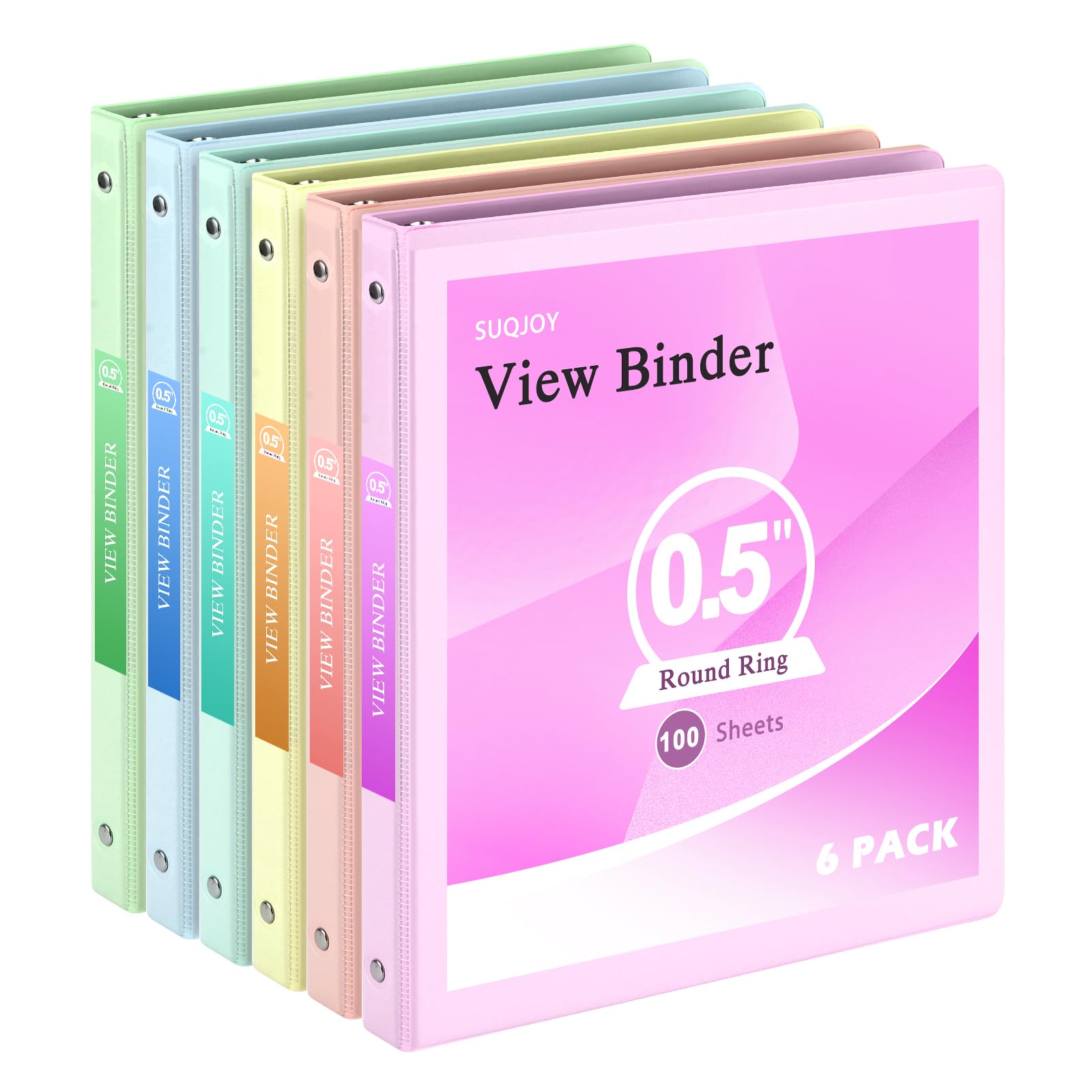0.5 inch 3-Ring Binder, 1/2 inch Round Ring Binder with 2 Inside Pockets, Clear View Cover Binders Holds 8.5'' x 11''Paper，PVC Free, Pastel Color Binders for Office/Home/School Supply, 6 Pack