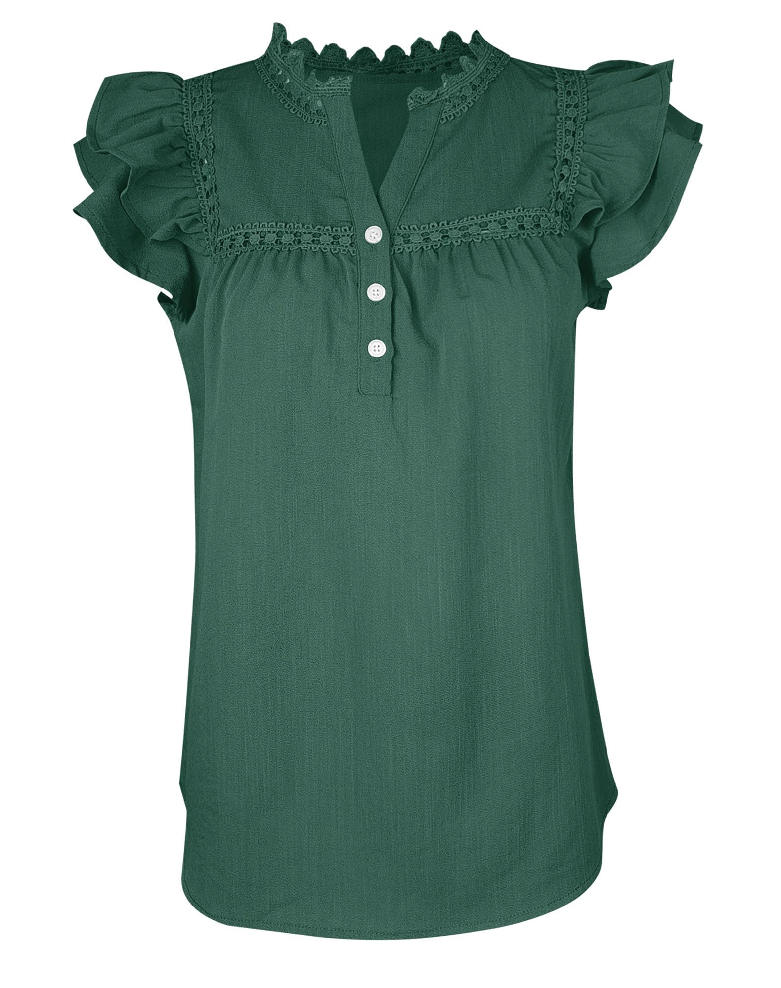 Women's V Neck Lace Crochet Shirts Button Down Short Sleeve Casual Blouse Tops