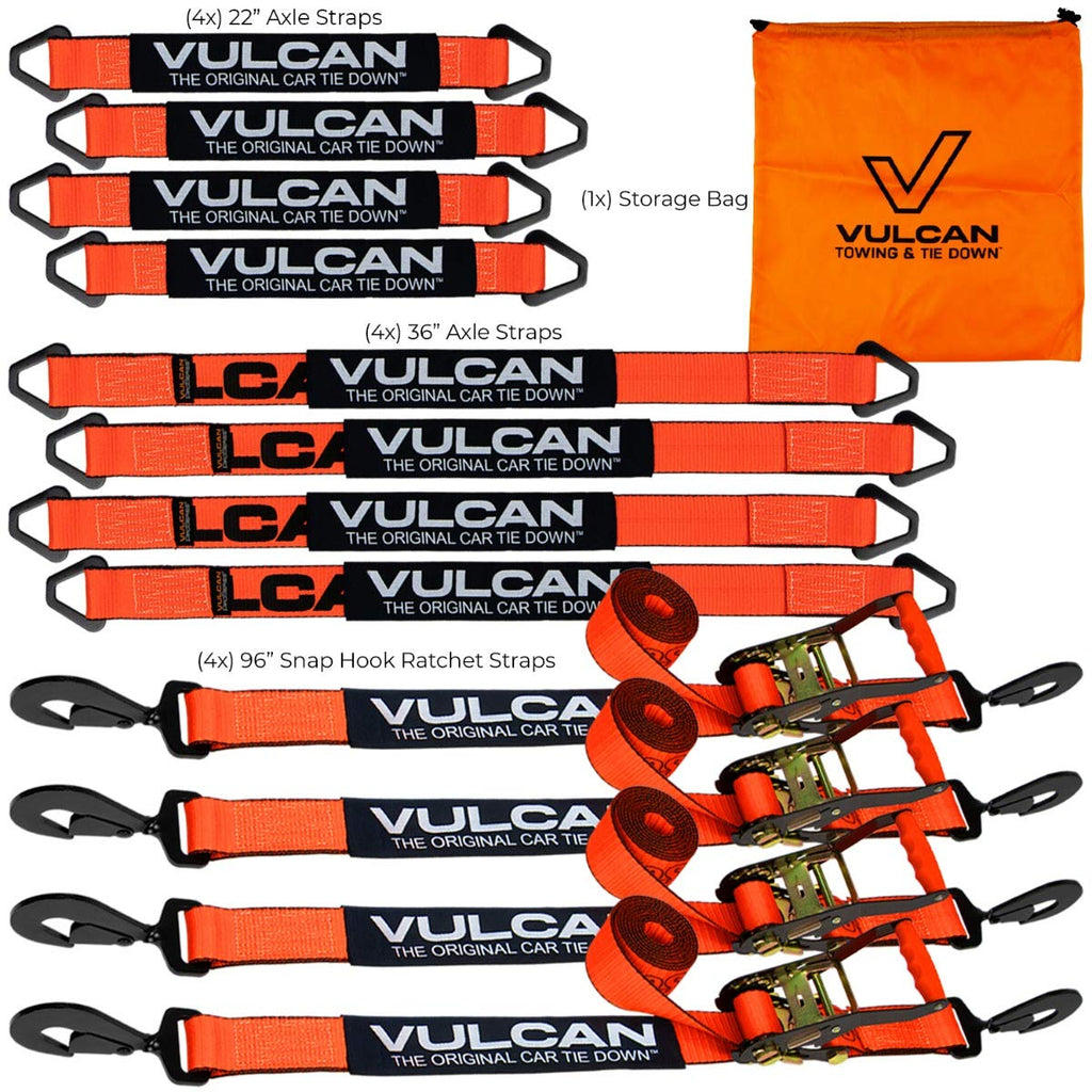 VULCAN Complete Axle Strap Tie Down Kit with Snap Hook Ratchet Straps - Classic Yellow - Includes (4) 22 Inch Axle Straps, (4) 36 Inch Axle Straps, and (4) 8' Snap Hook Ratchet Straps