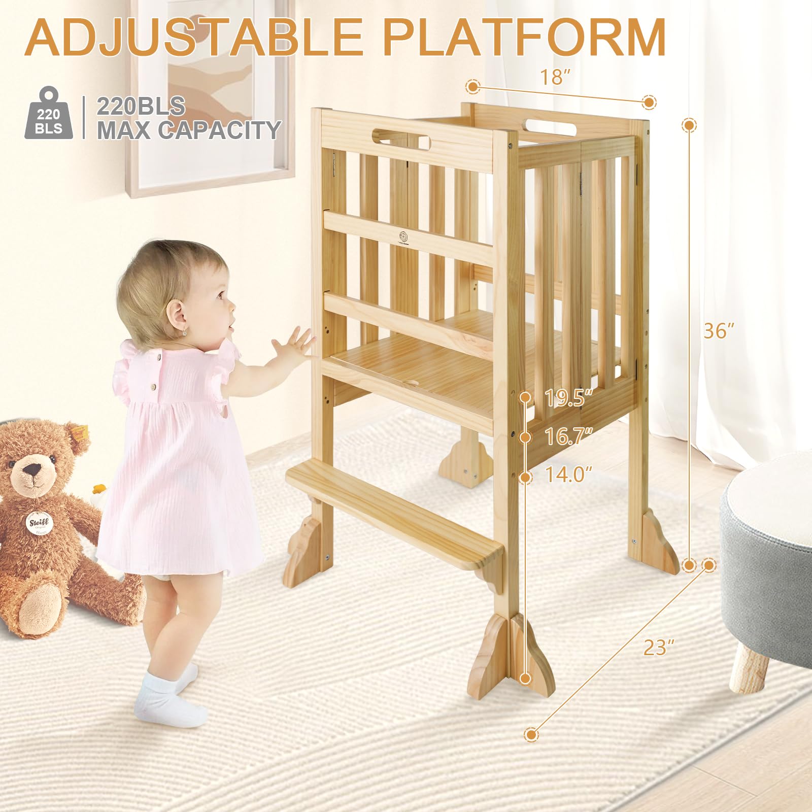 Foldable Toddler Learning Standing Tower, WOOD CITY Montessori Kitchen Step Stool Ideal Helper with 3 Adjustable Heights for Learning New Skills(Natural)