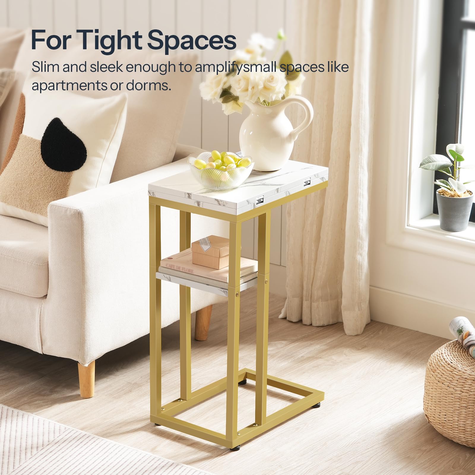 HOOBRO Foldable C Shaped End Table, C Shaped Side Table with Storage Shelf, Small Snack Table, Slide Under Couch Table for Sofa, Living Room Bedroom Small Spaces Easy Assembly, Black BK29SF01