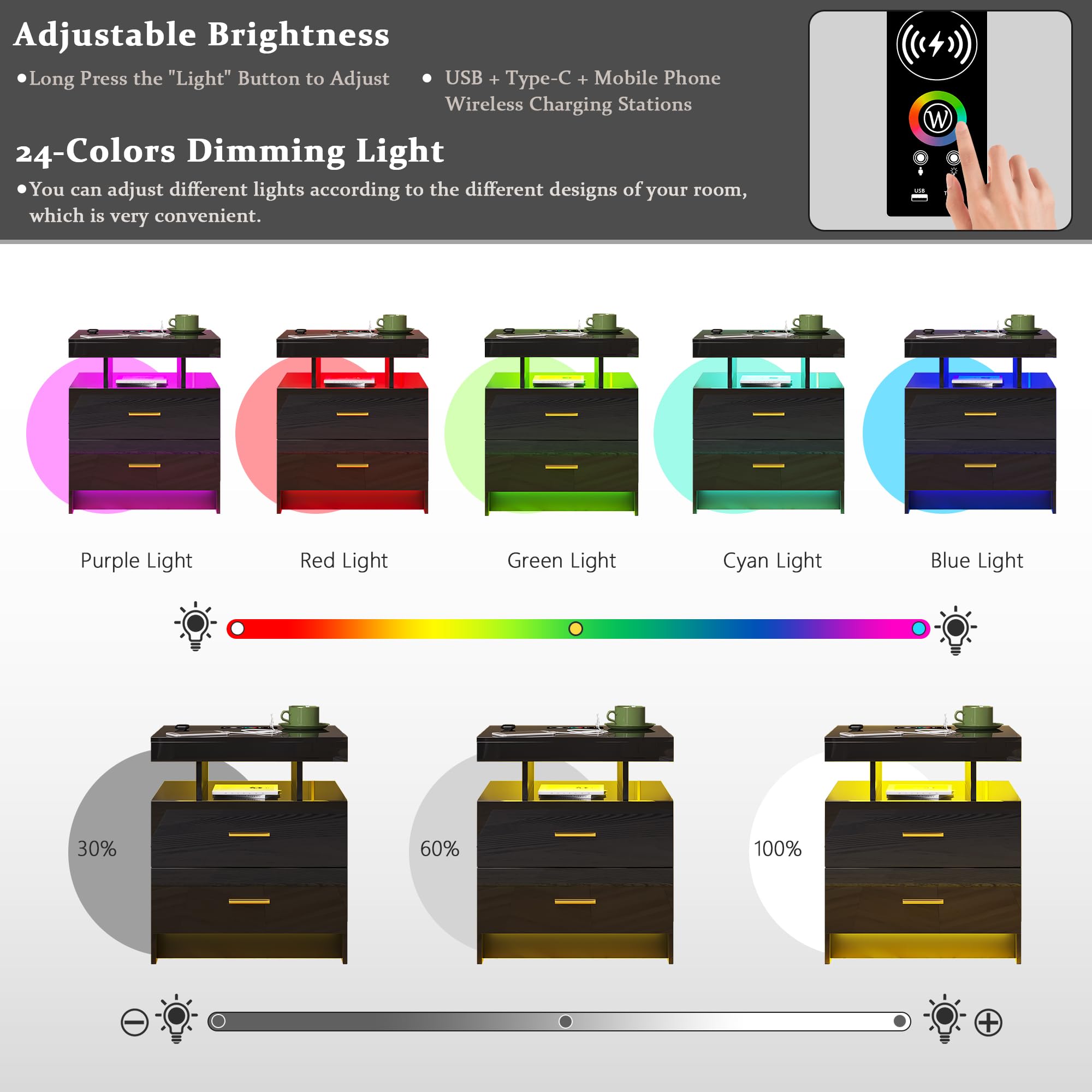 HNEBC LED Nightstand with Charging Station,Smart Bedside Table with Motion Sensor Lights,3 Drawers,Tempered Glass Top,High Gloss End Table with 3 Color Lights for Bedroom, Living Room,Office-Black