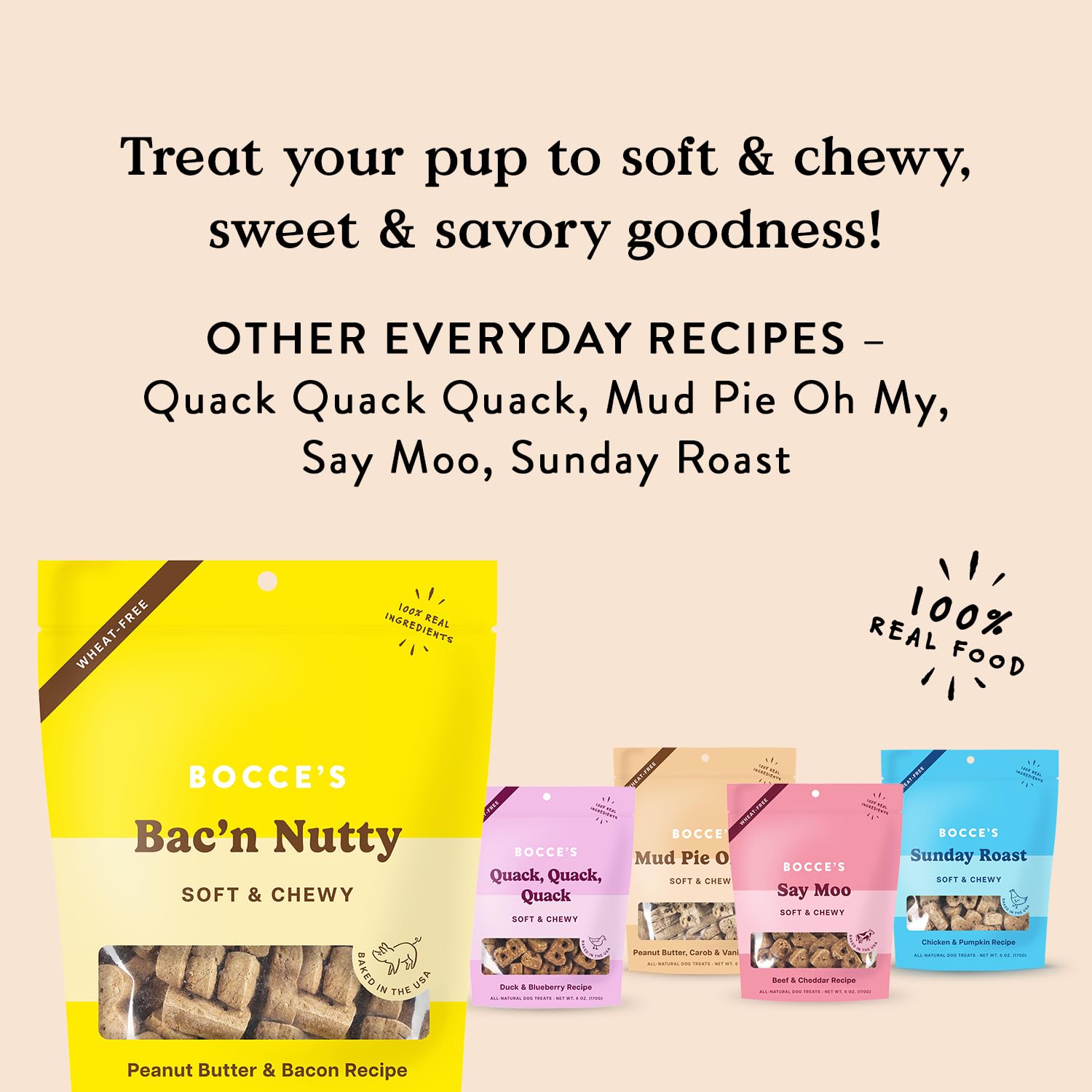 Bocce's Bakery Bac'n Nutty Soft & Chewy Dog Treats, Wheat-Free PB & Bacon Flavored All Natural Limited Ingredient Oven Baked Cookies for Dogs, 6 oz Bag