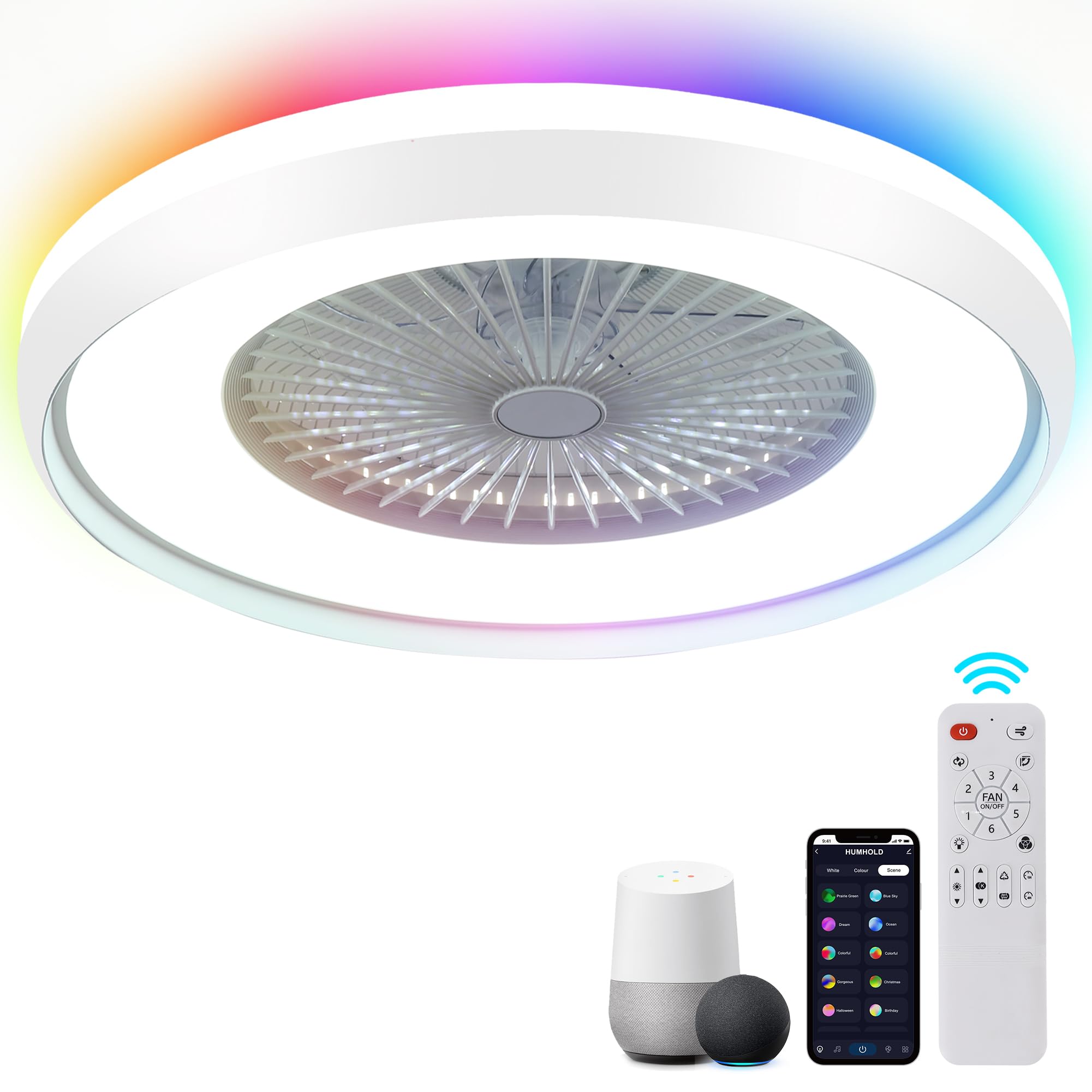 24" Bladeless Ceiling Fan with Light Remote, Smart LED Ceiling Fans with App Control, Modern Low Profile Dimmable Light Ceiling Fan for Bedroom Living Room Gold