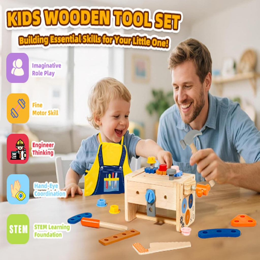 TONZE Kids Tool Set with Apron, 39 PCS Wooden Toddler Tool Bench Box Montessori Toys for 2 3 4 Year Old Boys Girls, Educational STEM Construction Toys Pretend Play Toddler Toys Age 3-5 Birthday Gift