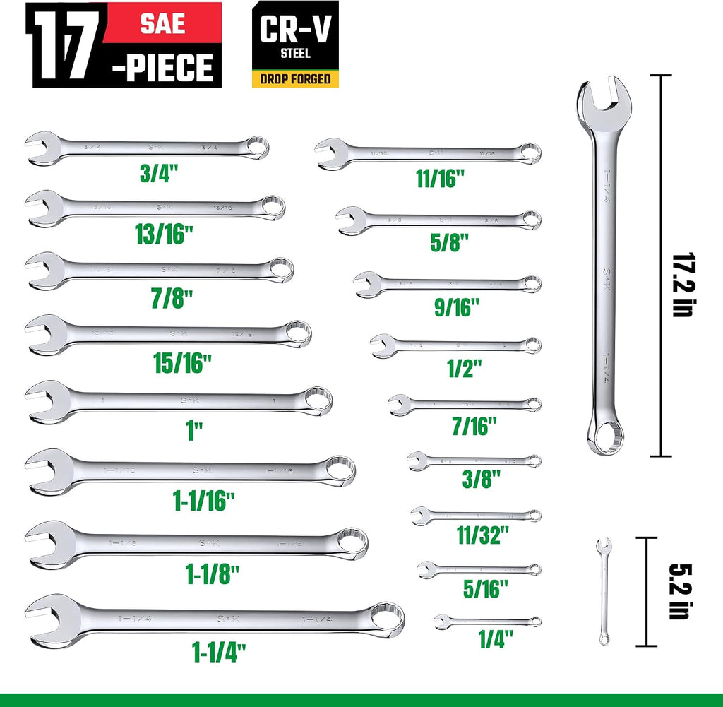 SK Combination Wrench Set, SAE 1/4" to 1-1/4", Metric 6 to 32mm, 42-Piece, SuperKrome Finish, Premium CR-V Construction, with Rolling Pouch