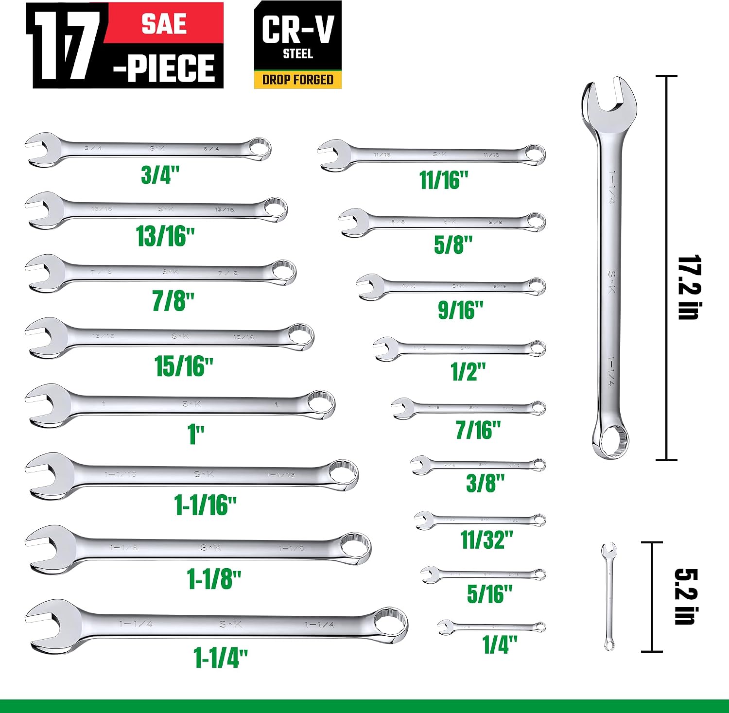SK Combination Wrench Set, SAE 1/4" to 1-1/4", Metric 6 to 32mm, 42-Piece, SuperKrome Finish, Premium CR-V Construction, with Rolling Pouch