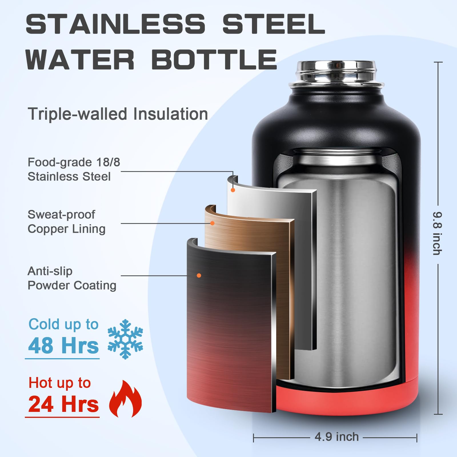 GAZLEMHO 40 oz Insulated Water Bottle with Straw& Spout 2-in-1 Lid, Triple Wall Vacuum Stainless Steel Cold 48H, Leak Proof Sports Metal Flask Jug with Paracord Handle, Black