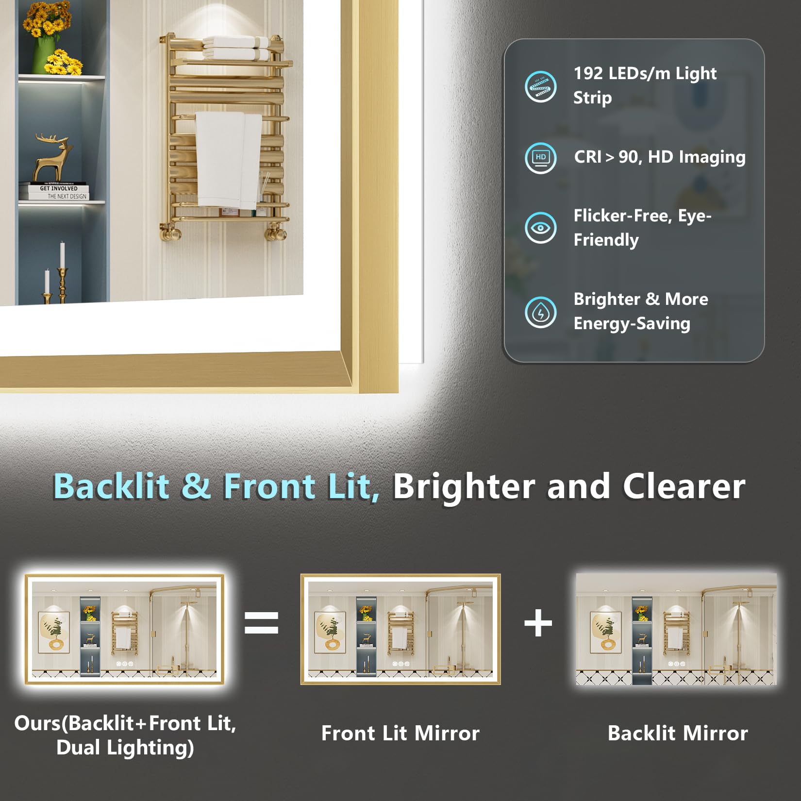 24x36 Gold Beveled LED Bathroom Mirror with Lights, Brushed Gold Framed Backlit and Front Lit Anti-Fog Lighted Vanity Mirrors for Bathroom Wall, Dimmable, 3 Colors, Memory, HD Tempered Glass