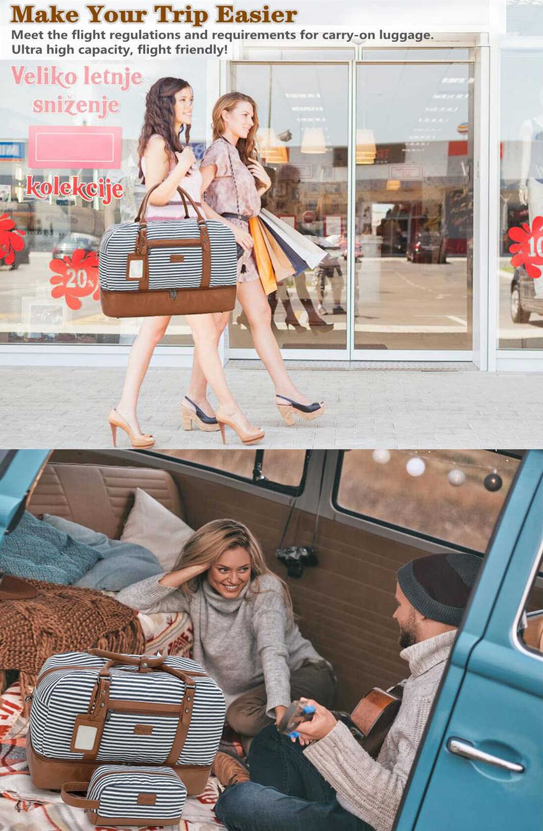 Wogarl 4PCS Weekender Bags for Women Large Overnight Weekend Travel Duffel Carry on Shoulder with Shoe Compartment Canvas Toiletry Bag for Travel Business Gym