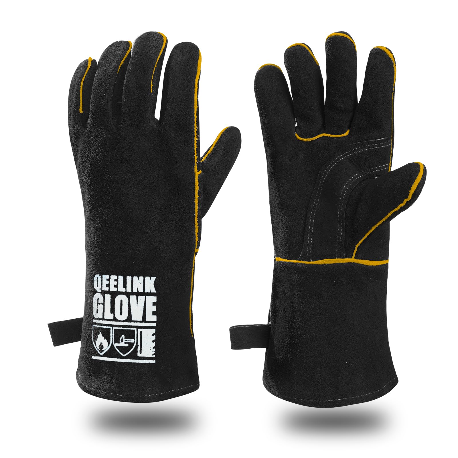 QeeLink Welding Gloves - Heat Resistant Leather and Fireproof Stitching for Fireplace Fire Pit Wood Stove BBQ Gardening Gear