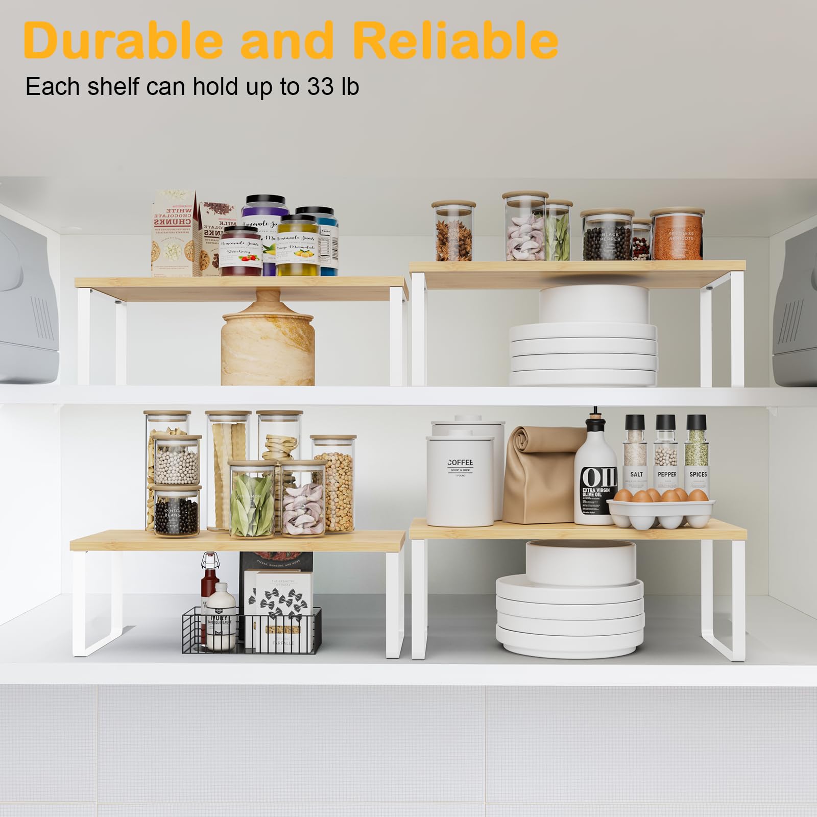 OGEMXU Cabinet Shelf Organizers, 15.7 inches Large Kitchen Counter Shelf, Set of 2 Wood Kitchen Pantry Organizer, Storage Shelves for Countertop, Spice Rack, Stackable, Expandable, Metal Black, Brown