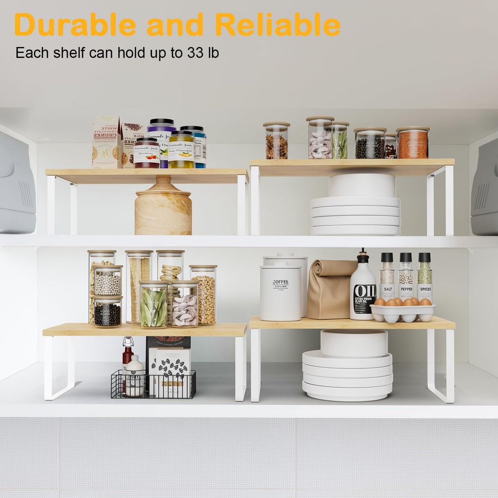 OGEMXU Cabinet Shelf Organizers, 15.7 inches Large Kitchen Counter Shelf, Set of 2 Wood Kitchen Pantry Organizer, Storage Shelves for Countertop, Spice Rack, Stackable, Expandable, Metal Black, Brown