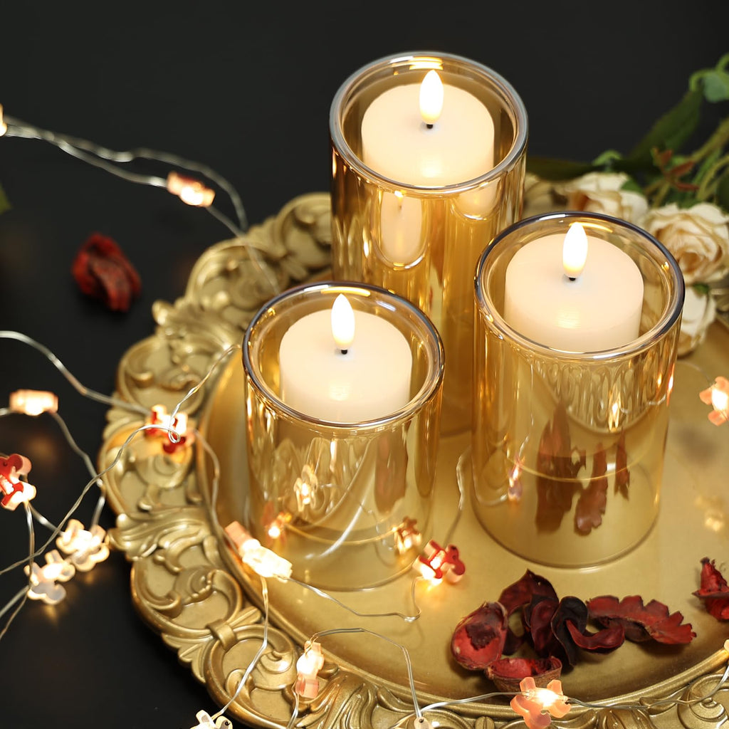 NURADA Flameless Candles with Remote Timer: 3D Wick Battery Operated Led Pillar Acrylic Fake Candle Set for Home Decoration Romantic Ambiance - Gold 2 Pack