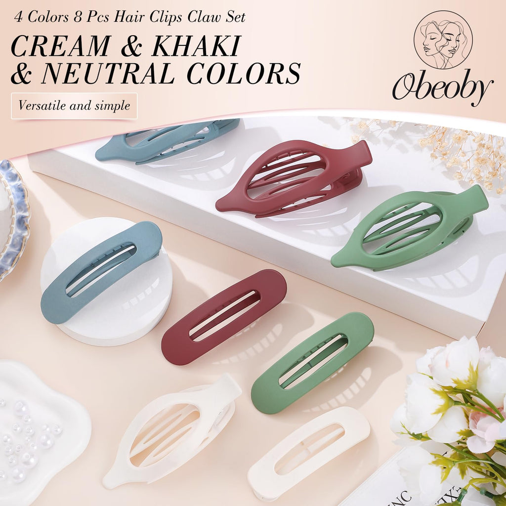 Obeoby 8 Pcs Flat Claw Clips for Women, Strong Hold French Flat Hair Clips for Thick Thin Hair Barrettes Accessories Round Large Medium (Tortoiseshell)