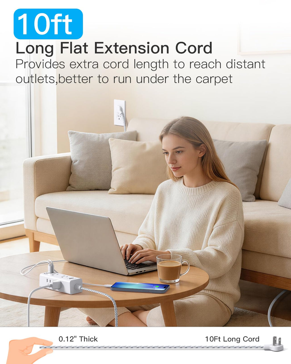 One Beat Short Extension Cord 1Ft, Flat Plug Power Strip Surge Protector - 6 Widely Outlets with 4 USB Ports (2 USB C), Wall Mount Small Power Strip for Travel, Home Office College Dorm Essentials
