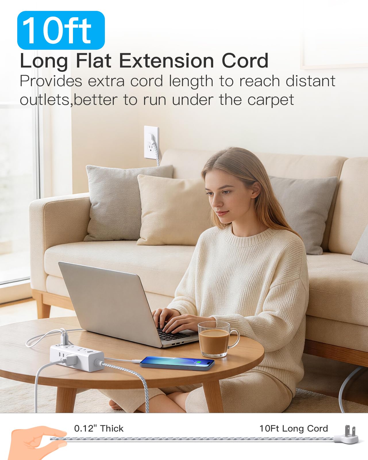One Beat Short Extension Cord 1Ft, Flat Plug Power Strip Surge Protector - 6 Widely Outlets with 4 USB Ports (2 USB C), Wall Mount Small Power Strip for Travel, Home Office College Dorm Essentials