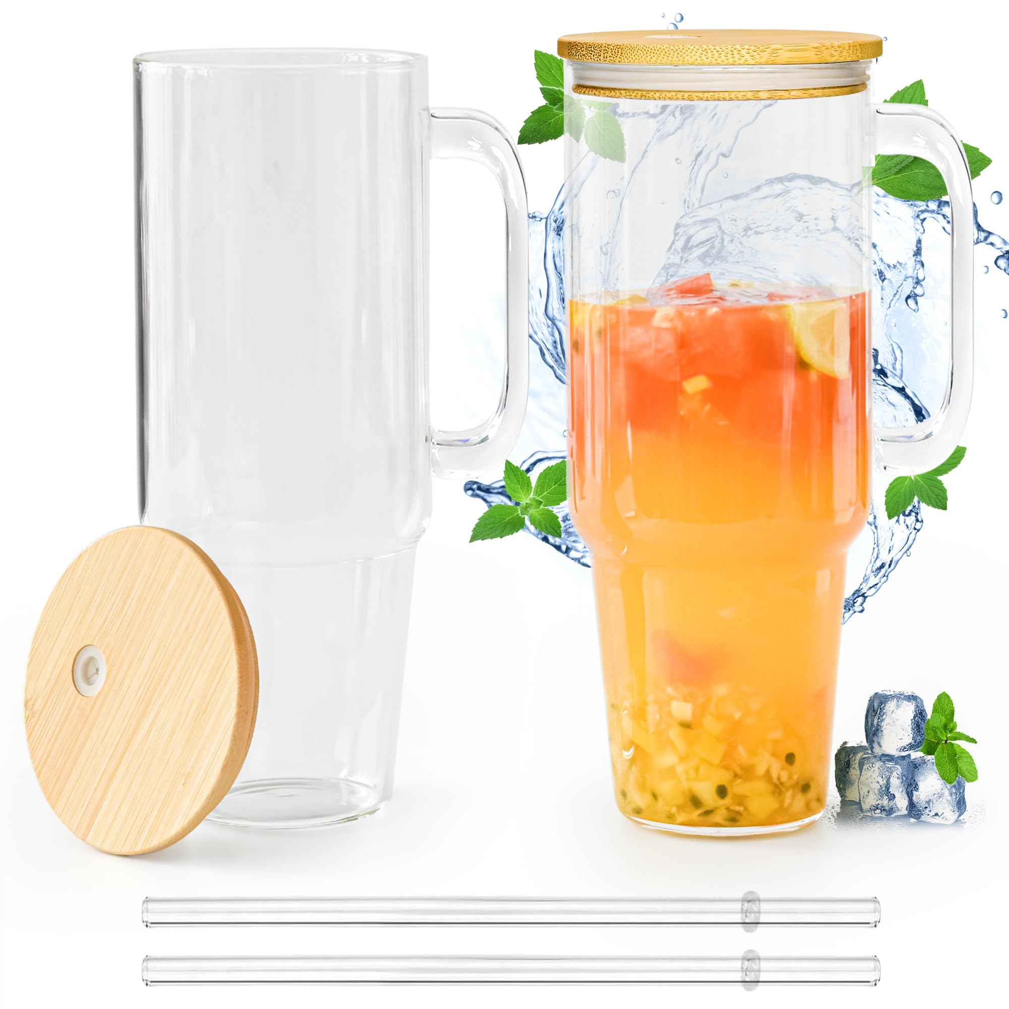 40 oz Glass Tumbler with Handle 12 Pack Glass Tumbler with Straw and Lid Clear Reusable Iced Coffee Cup, Fits Car Cup Holder, BPA Free, for Boba Tea, Juice, Smoothie, Beer(Sublimatable)
