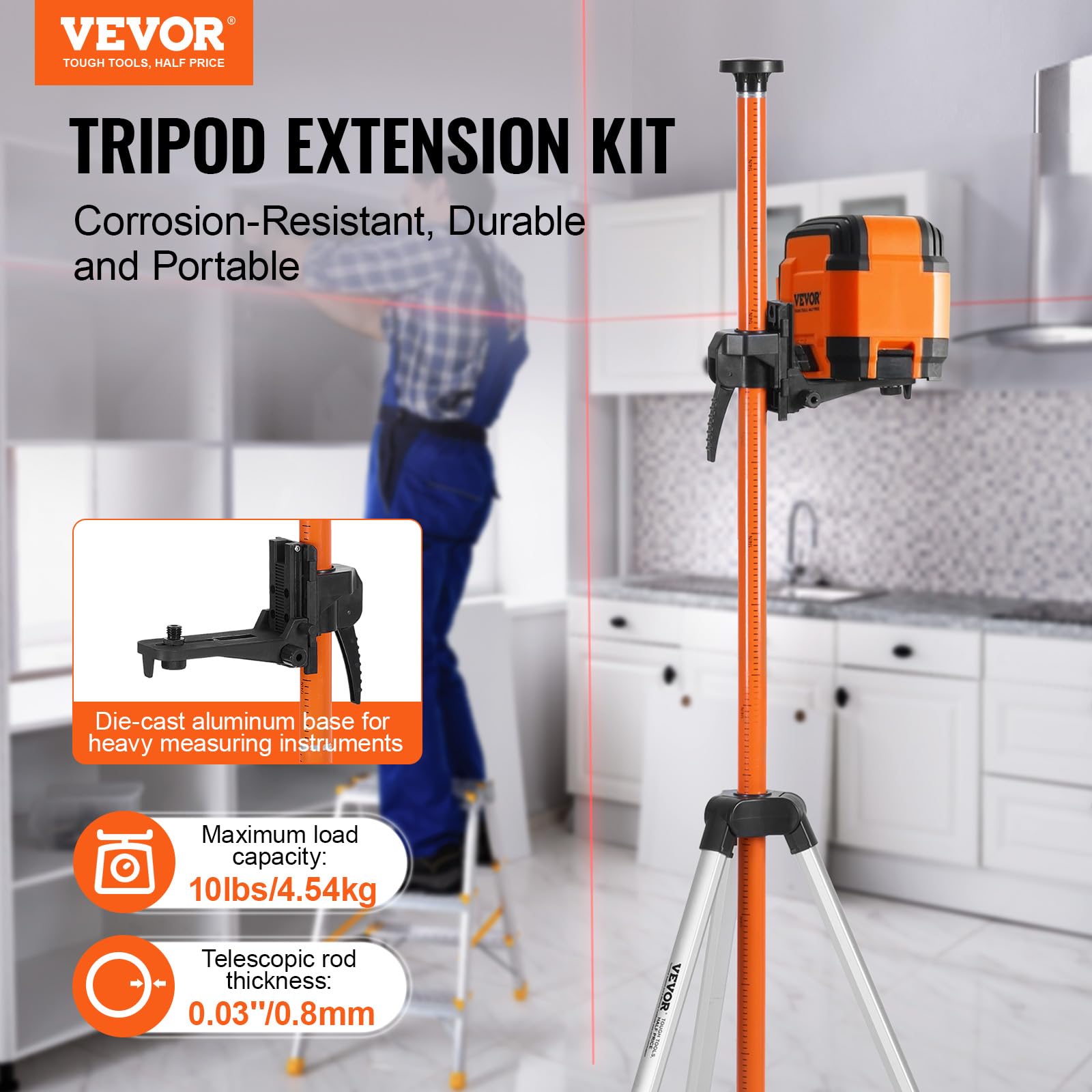 VEVOR Laser Level Tripod Stand, 5/8"-11 Thread Mount, 16.53-65.55 inch Height Adjustment Heavy Duty Survey Tripod for Construction Laser Level Scanner, Retractable Legs Non-Skid Feet Professional