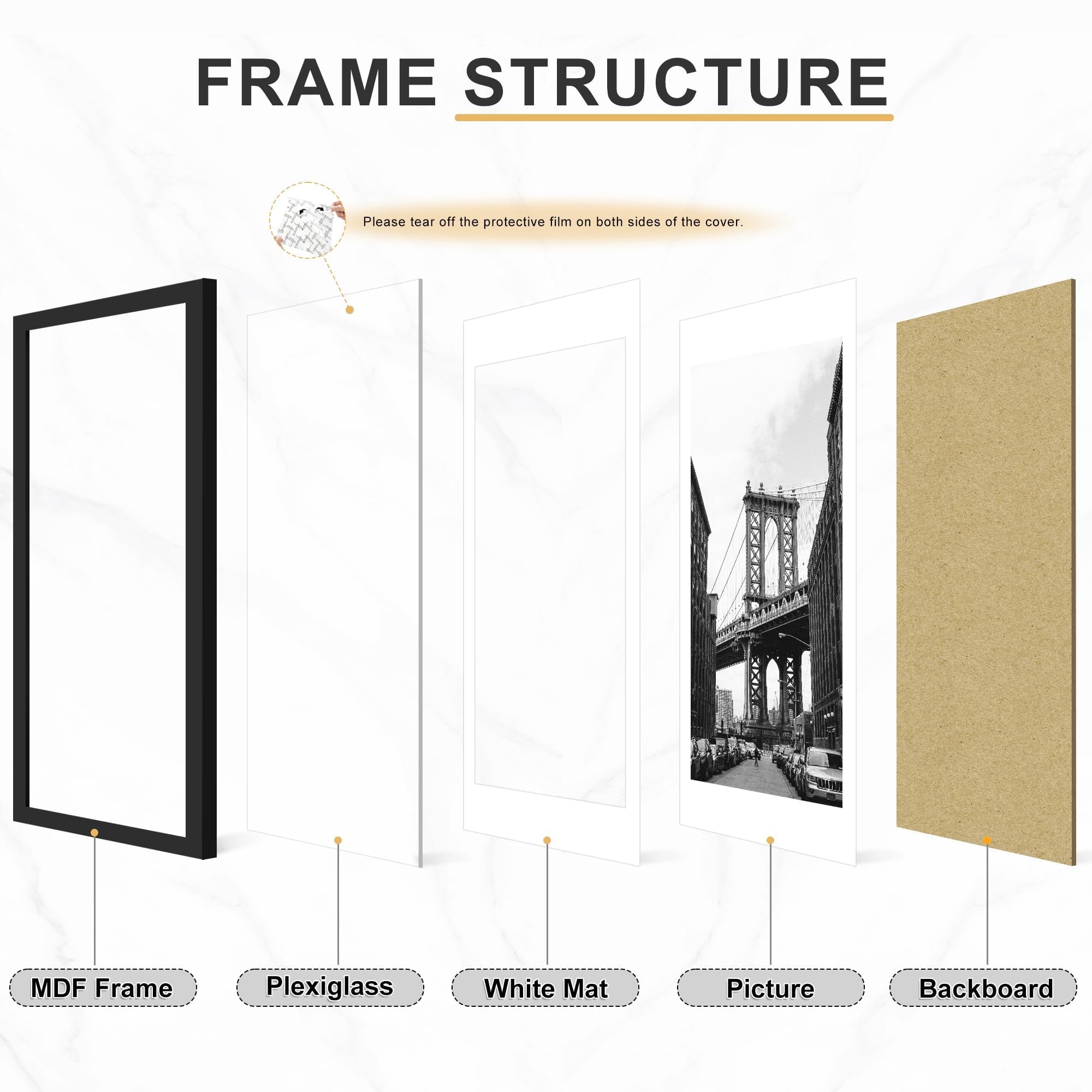 Picrit 24x34 Black Poster Frame 7 Pack, Display Pictures 20x30 Picture with Mat or 24 x 34 without Mat for Horizontal or Vertical Wall Mounting, Wall Gallery Photo Frames