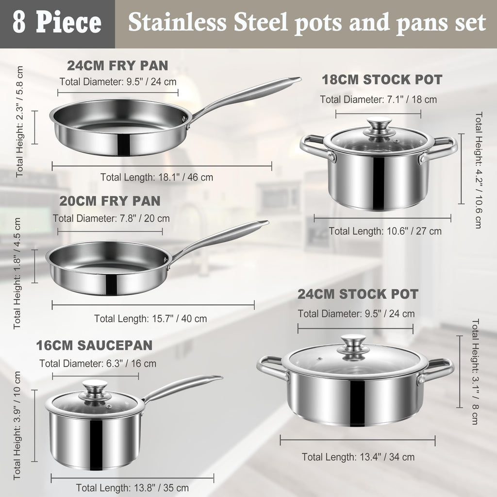 Stainless Steel pots and pans set, 6 Piece Nonstick Induction Kitchen Cookware Set, Works with Induction/Electric and Gas Cooktops, Nonstick, Oven Safe, Camping Cookware