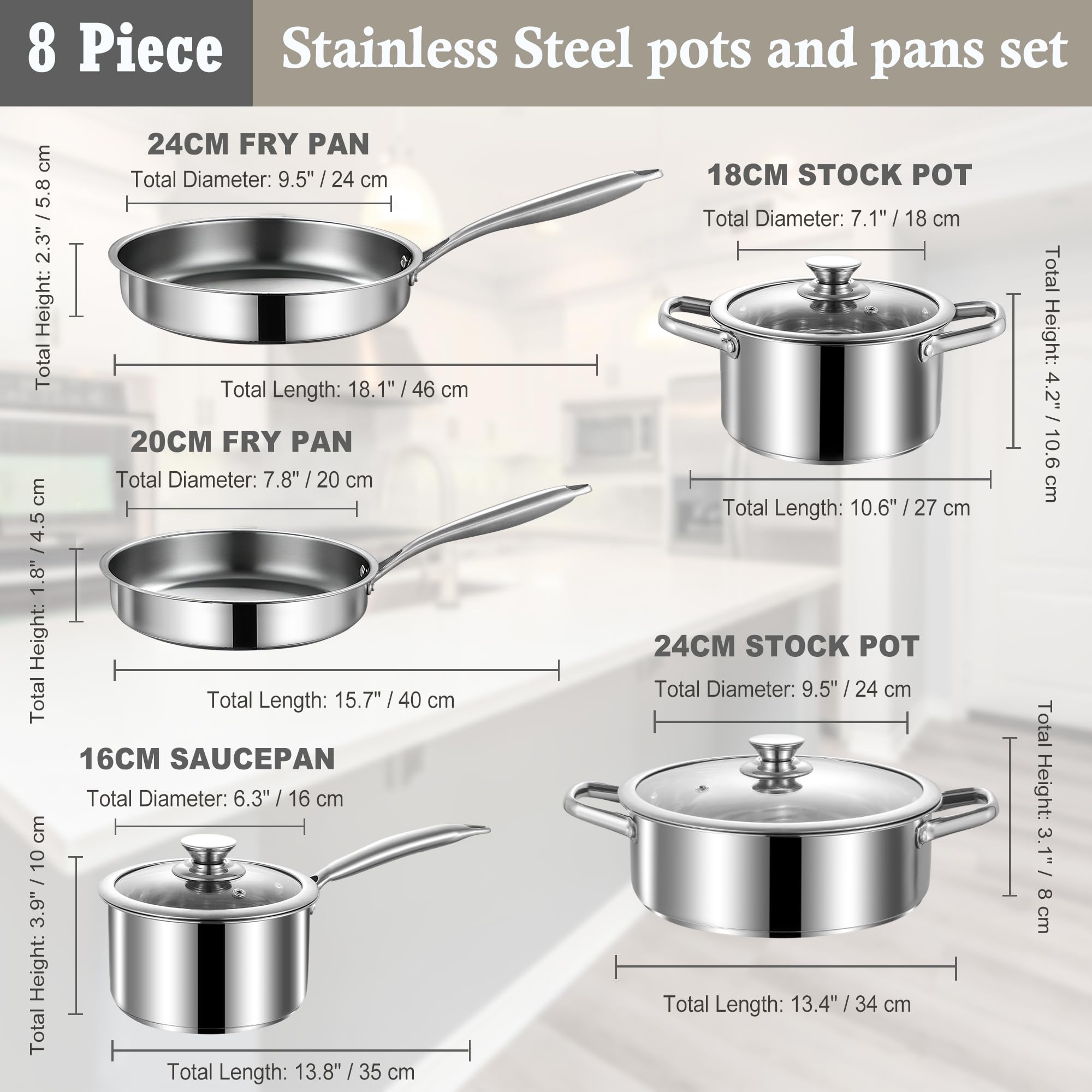 Stainless Steel pots and pans set, 6 Piece Nonstick Induction Kitchen Cookware Set, Works with Induction/Electric and Gas Cooktops, Nonstick, Oven Safe, Camping Cookware