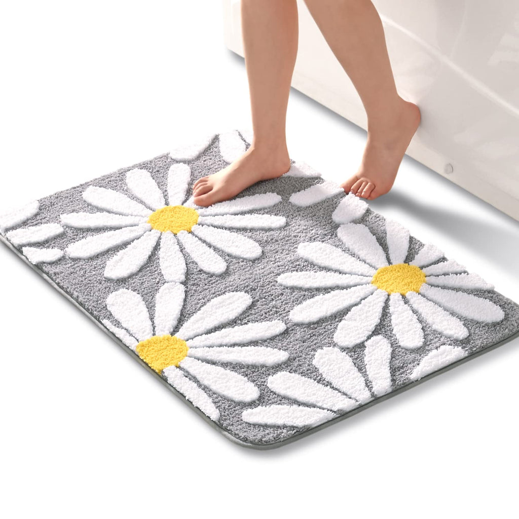 QJHOMO Beige Bathroom Rugs Cute Daisy Bath Mat White and Yellow Flower Decor Rug Non Slip Floor Carpet Microfiber Bathmat Super Absorbent Machine Washable Bathtub Mats for Shower (16x24 inch)