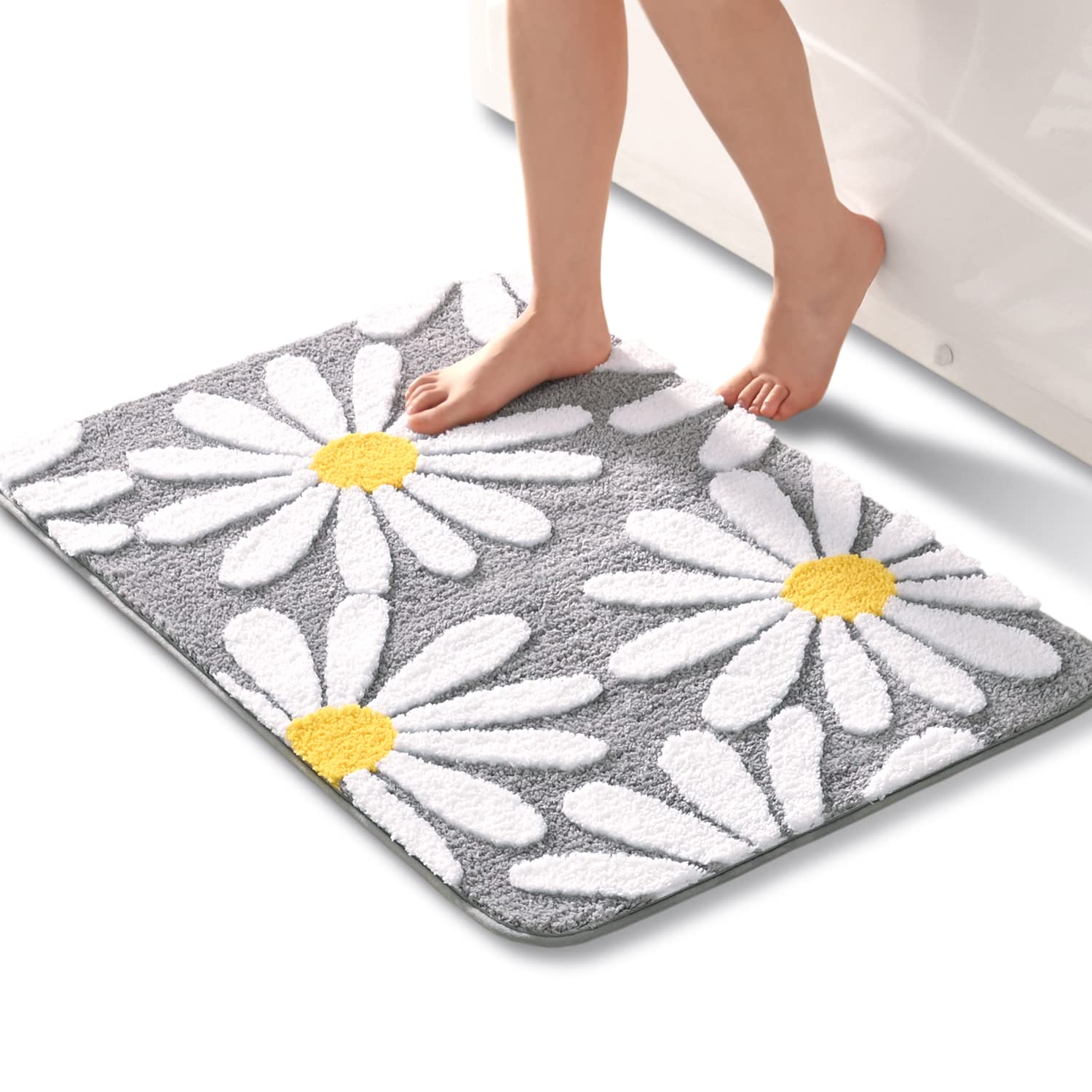 QJHOMO Beige Bathroom Rugs Cute Daisy Bath Mat White and Yellow Flower Decor Rug Non Slip Floor Carpet Microfiber Bathmat Super Absorbent Machine Washable Bathtub Mats for Shower (16x24 inch)