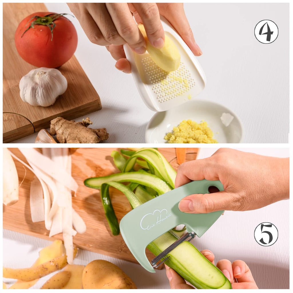 5 Pieces Kitchen Gadgets Set - Space Saving Cooking Tools Accessories Cheese Chocolate Grater, Fruit Vegetable Peeler, Bottle Opener, Pizza Cutter, Burlap Bags with Drawstring Gift Set