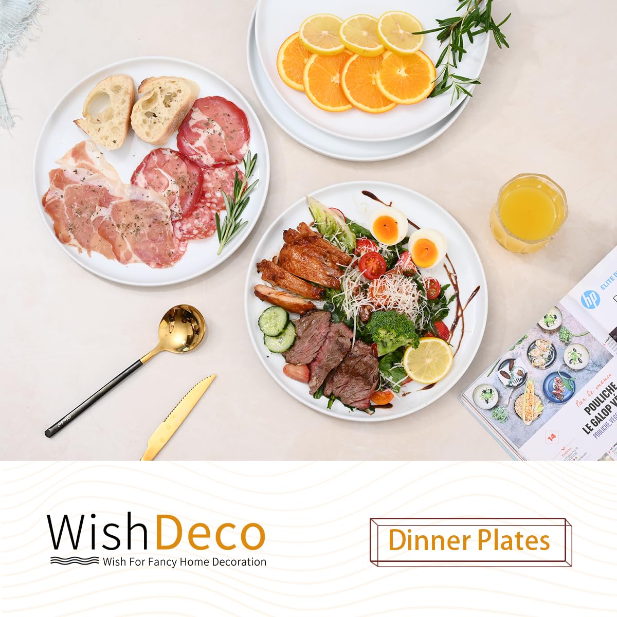WishDeco White Dinner Plates Set of 4, Ceramic Dining Plates 10.5 inch, Large Salad Plate, Porcelain Kitchen Plate for Pizza, Steak, Microwave and Dishwasher Safe