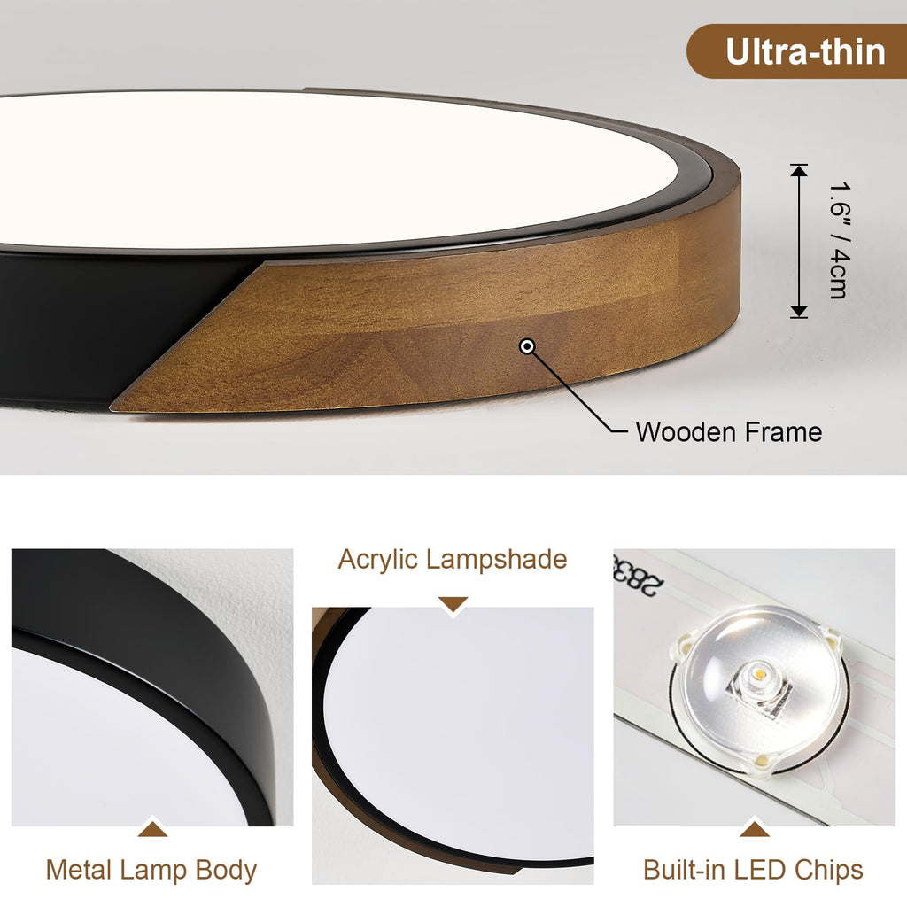 Modern LED Ceiling Light, Minimalist Wood Dimmable Flush Mount Ceiling Light Fixture, Round 5CCT Lighting Lamp with Acrylic Lampshade for Bedroom Hallway Kitchen Laundry, Black 11.8"